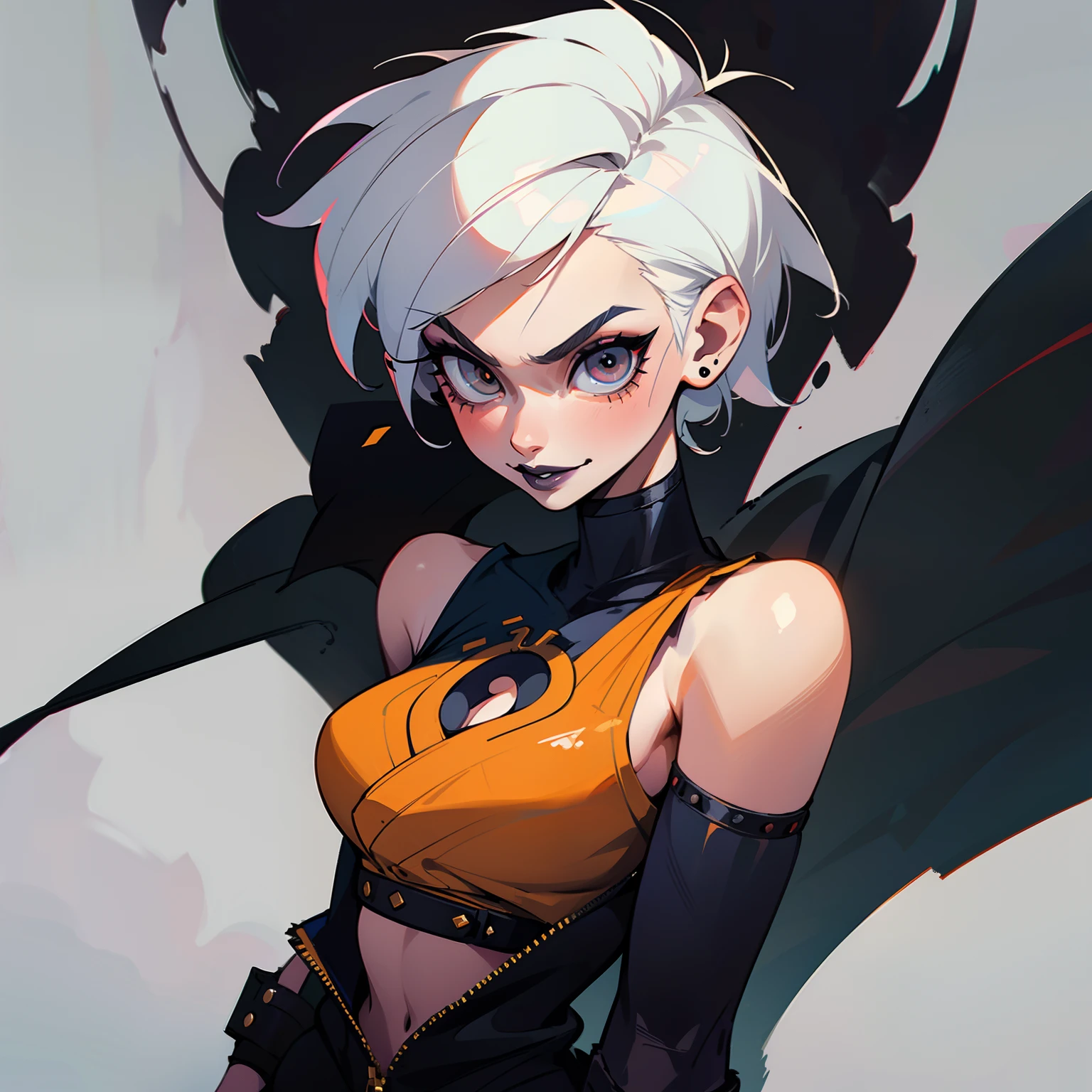 ((solo)). female character around 18/19 years old. thin body without many special attributes. wearing black clothing, a punk style outfit. she has a cheeky smile. white eyes, very short white hair too. She wears eyeliner and black lipstick on her lips. she looks a bit like a street fighter.