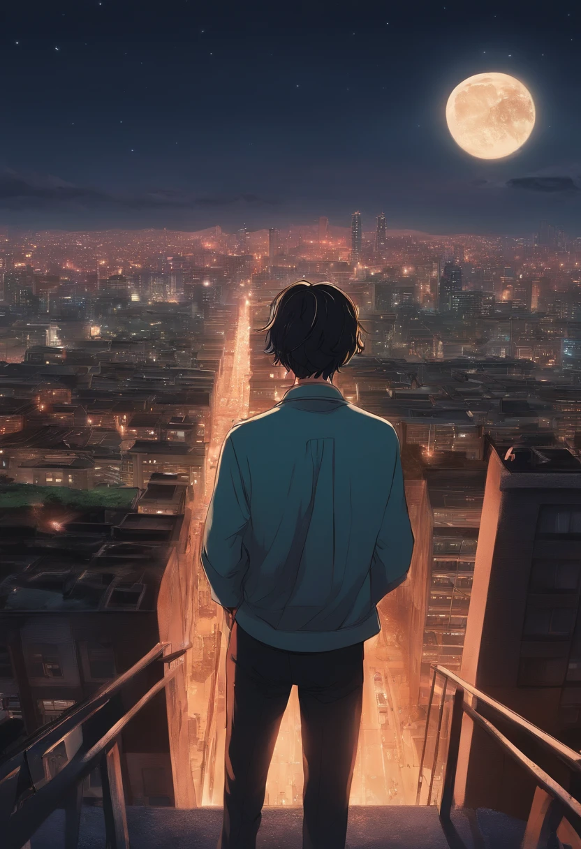 masterpiece, best quality, high quality, 1boy, male focus, looking in distance, denji, crying, night sky, city, pochita from chainsaw man, dead, sadness, comet, retro, teeth, wideshot