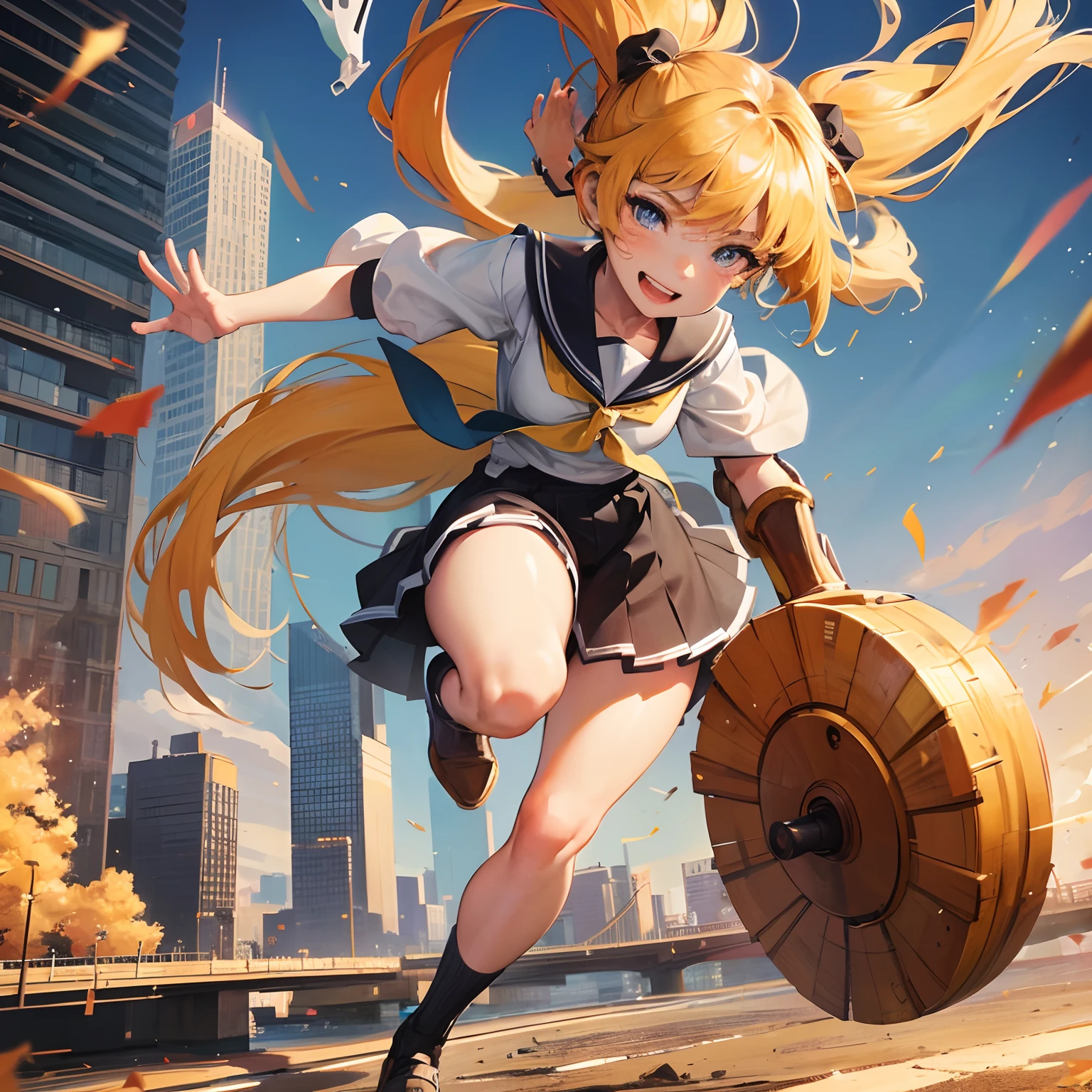 finest image, detailed and delicate depiction, Big character, deformed, A gigantic cute high school girl runs with a smile on her face, stomping and destroying the city