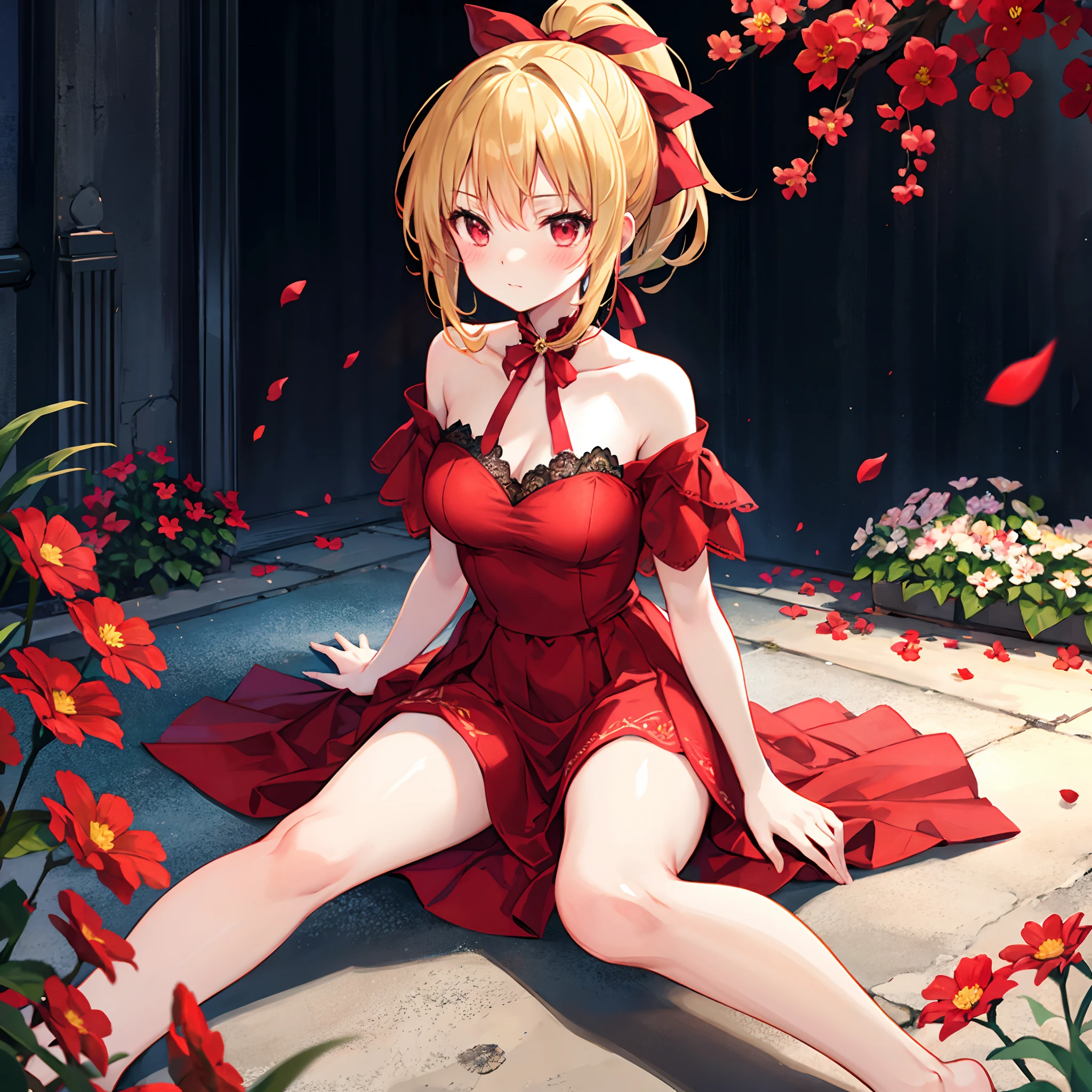 a blond、red eyes、Ponytail with ribbon、Beautiful girl alone、red blush、RED dress、off shoulders、Raw feet、flower field、Sitting on the floor