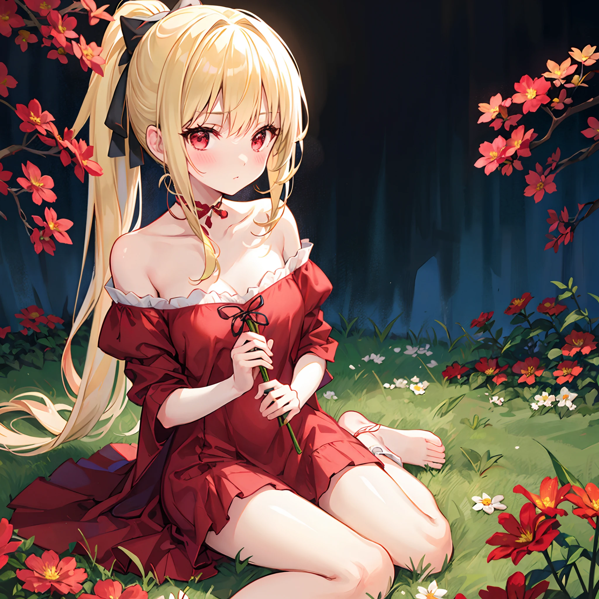 a blond、red eyes、Ponytail with ribbon、Beautiful girl alone、red blush、RED dress、off shoulders、Raw feet、flower field、Sitting on the floor