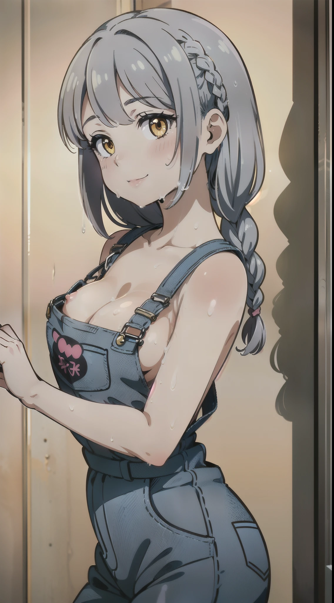 ((1 Beautiful Beautiful Girl)),(((detail portrayal))),(((Gray hairs))),(((Fetishes))),(((Braids1One))),(((a small face))),(((Less bangs))),(((Trimmed bangs))),(((Yellow eyes))),(masterpiece)), (((Hanging eyes))),((top-quality)),((Vivid light and shadow depiction)), (The ultra-detailliert), ((kawaii)), cute little, (Detailed body line depiction), ((detailed face depiction)),((ighly detailed)), (8K), top-quality, (Beautiful fece),(((World-class quality))), ighly detailed, hight resolution,(((Anime filling))),(((large udder))),(((小柄))),(((Show breasts))),(((Naked blue overalls))),(((Standing slouched))),(((de pele branca))),(((Inside the girl's room))),(((kindly smile))),(((full of sweat))),(((Composition seen from the side))),(((dripping with sweat)))