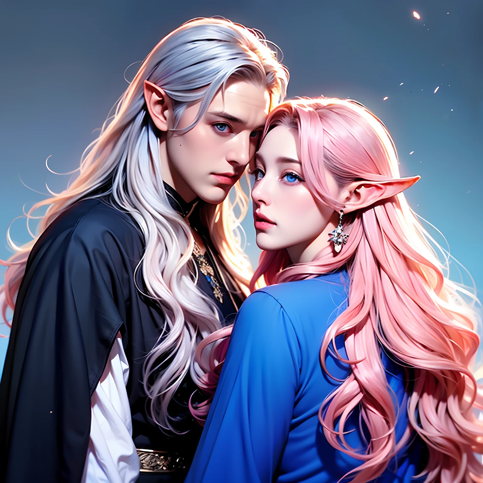 (Woman near man)(and Woman, pink hair, long curly hair, blue eyes, elf woman)(boy, boy, man, strong, white hair, long hair, blue eyes) (medieval background)( King and queen)
