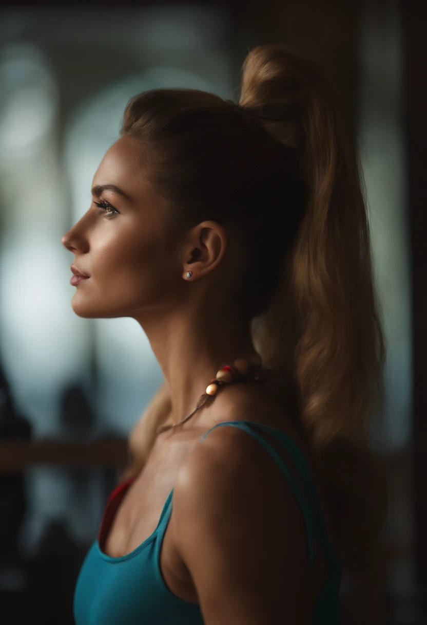 ((masterpiece, best quality)), a woman in a t shirt , looking from the side, with a ponytail