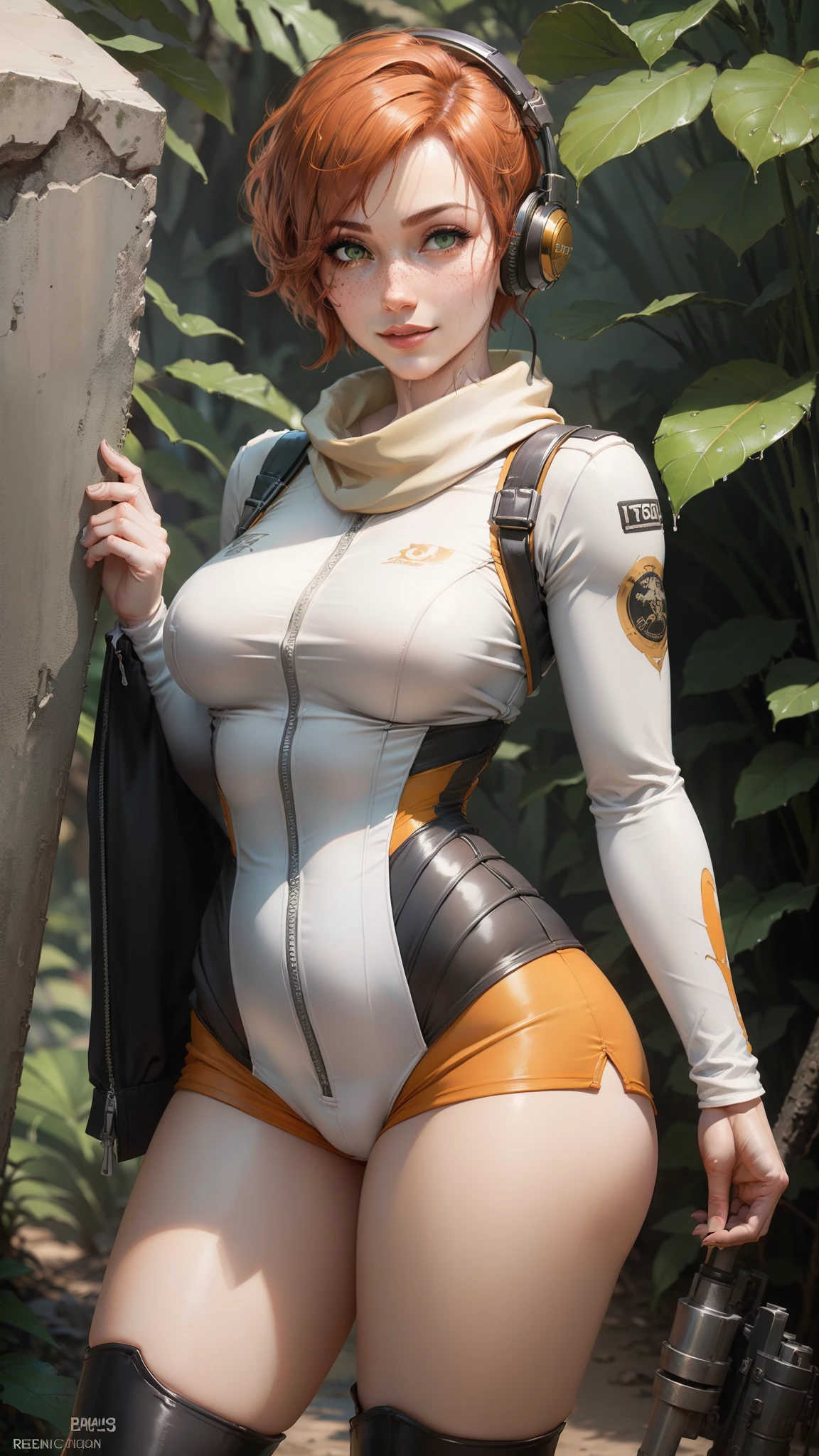 gwen tennyson,tracer,chun-li,rebecca chambers,tomb raider,overwatch,1girl, close up,mecha pilot,mayan jungle,red and white plugsuit,hair pin,pirate corset,white long sleeve lycra top,silver lycra micro shorts,short hair,cute makeup,green eyes,orange and gold hair,shy smile,freckles,redhead,beautiful girl,large breasts,ultra detailed,realistic, fantasy art,military uniform,spy uniform, pilot scarf,pilot jacket,helicopter,wet shirt,thigh high boots,gaming headset,