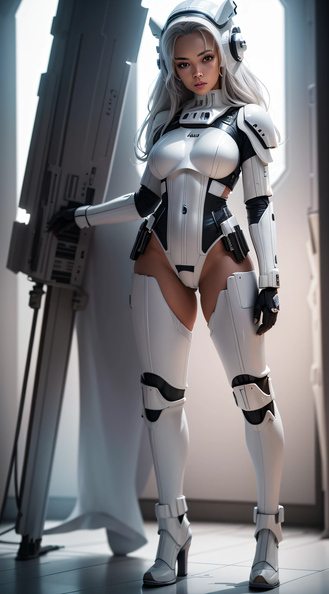 female dressed as storm trooper, lingerie, starship background, (((full body visible))), looking at viewer, portrait, photography, detailed skin, realistic, photo-realistic, 8k, highly detailed, full length frame, High detail RAW color art, piercing, diffused soft lighting, shallow depth of field, sharp focus, hyperrealism, cinematic lighting