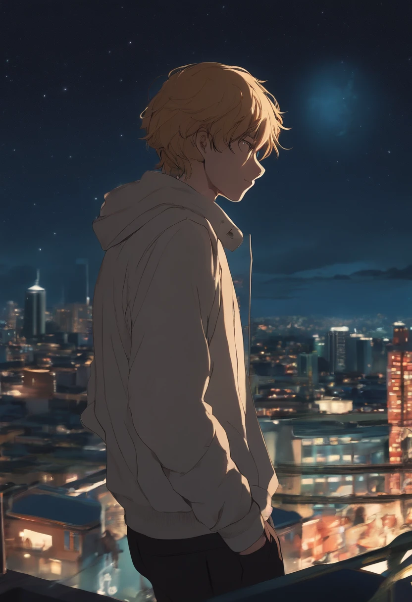 masterpiece, best quality, high quality, 1boy, male focus, looking in distance, denji, crying, night sky, city, pochita from chainsaw man, dead, sadness, comet, retro, teeth