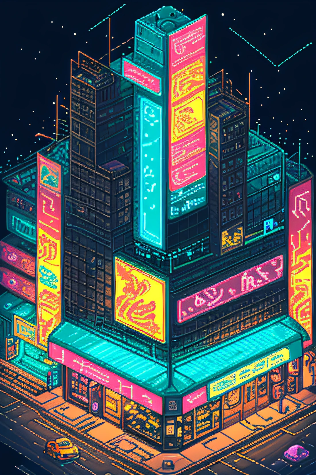 ((Top view: 1.3, Cyberpunk: 1.2, street: 1.1), 2D game style, Pixel art style, Transparency, Powerful colors, Advertising lights, Roads and cars are lively, Unique charm! )No Man, Outdoors, sky, Night, Moon, plant, cafe shop, Star (sky), Night sky, scenery, City, sign, potted plant, Wide shot, New Moon, Neon lights, Pixel art, pix