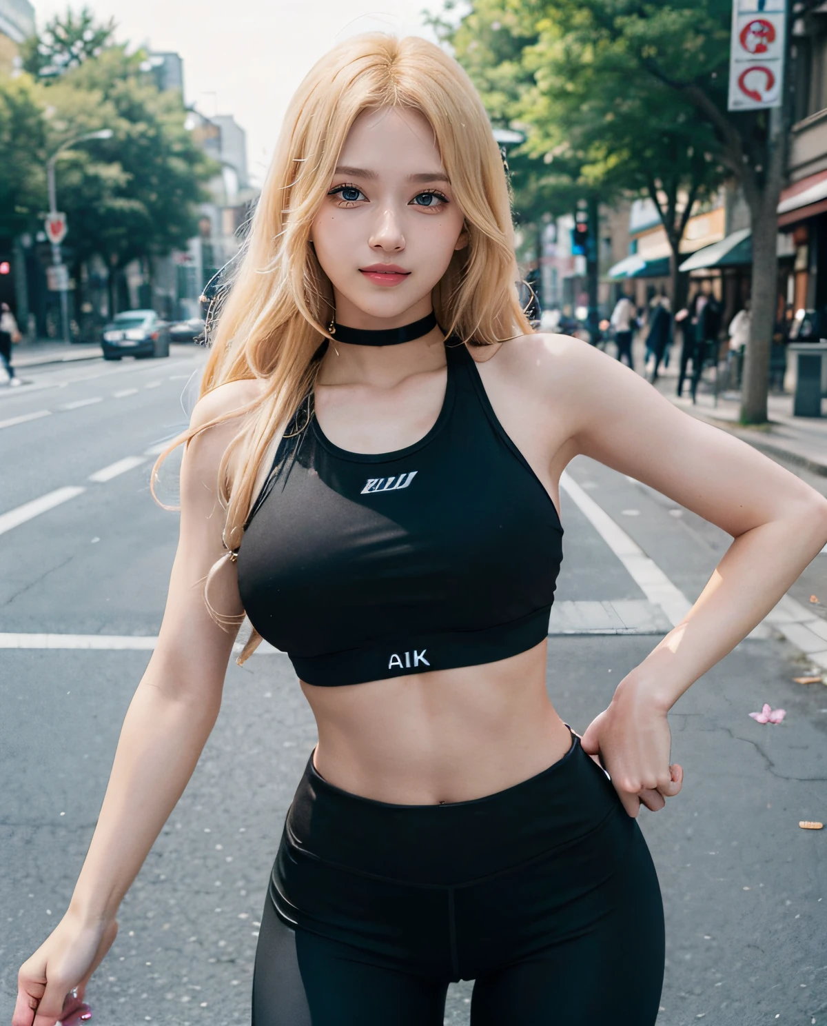 1girl, Blue eyes, (smiling), (Sana Minatozaki), wide hips, Big Boobs, big ass, (Best Quality, 8k, Masterpiece: 1.3), perfect hands, Clear Focus: 1.2, Perfect Body Beauty: 1.4 , Slender Abs: 1.2, Highly detailed face and skin texture, detailed eyes, double eyelids, (blonde long hair), (black sports bra :1.2), (black sports leggings :1.3), standing, dynamic pose, in a busy square in Japan full of flowers, deep on field