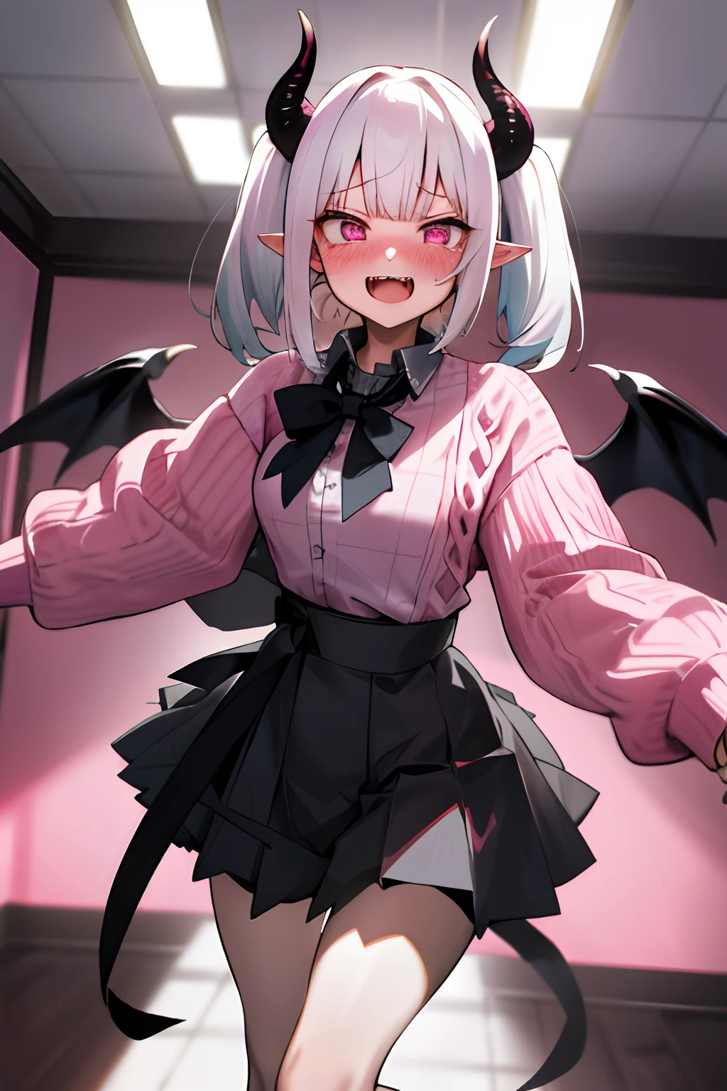 One girl with short twintail hair, white hair, looking at viewer, embarrassed, blushing, indoor, open mouth, fangs, checkered pink sweater, black bow tie, black hight waist skirt ,thigh, pointy ears, demon wings, demon king, demon horn, perfect waist, gyaru style