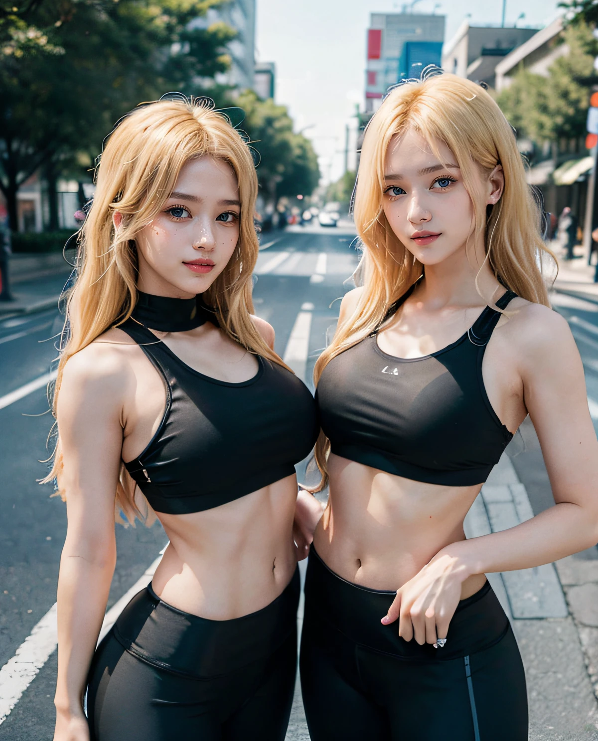 2girl, ( Twins), Blue eyes, (smiling), (Sana Minatozaki), wide hips, Big Boobs, big ass, (Best Quality, 8k, Masterpiece: 1.3), perfect hands, Clear Focus: 1.2, Perfect Body Beauty: 1.4 , Slender Abs: 1.2, Highly detailed face and skin texture, detailed eyes, double eyelids, (blonde long hair), (black sports bra :1.2), (black sports leggings :1.3), standing, (with his twin sister :1.3), in a busy square in Japan, deep on field