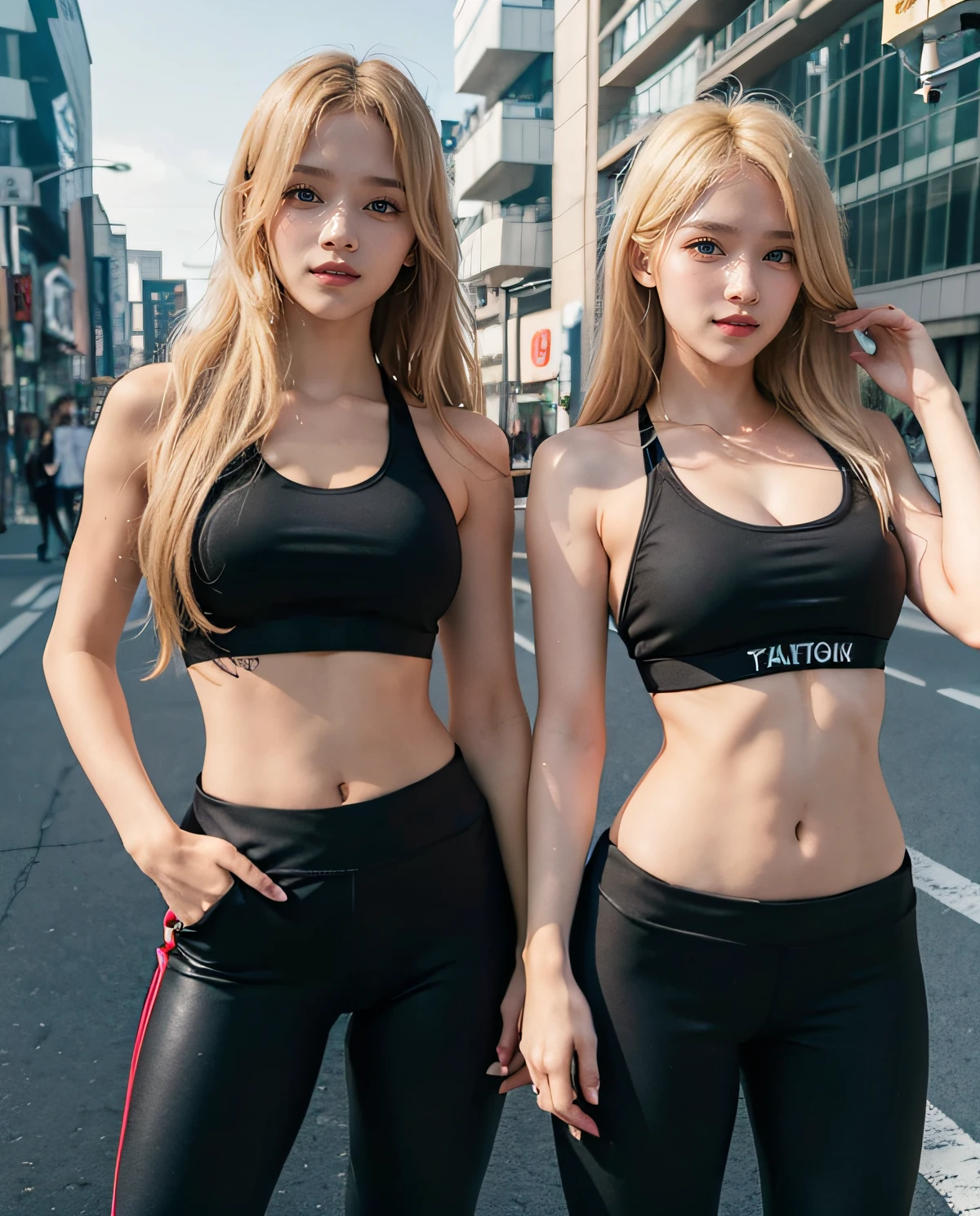 2girl, ( Twins), Blue eyes, (smiling), (Sana Minatozaki), wide hips, Big Boobs, big ass, (Best Quality, 8k, Masterpiece: 1.3), perfect hands, Clear Focus: 1.2, Perfect Body Beauty: 1.4 , Slender Abs: 1.2, Highly detailed face and skin texture, detailed eyes, double eyelids, (blonde long hair), (black sports bra :1.2), (black sports leggings :1.2), (standing with his twin sister :1.4), in a busy square in Japan, deep on field