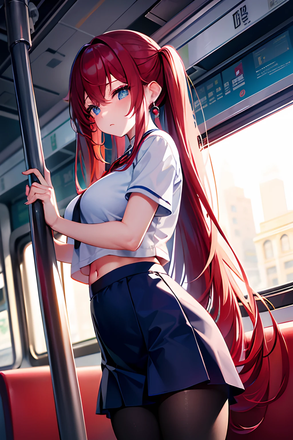 Reflection of the rising sun、On the train　is standing　Turning around、full of sweat、School gym clothes　white colors、cyan colors　buruma、Black lace　pantyhose、Navel Ejection、 Red-haired　Wave Long Hair　Twin-tailed、Colossal tits　Whip whip、sapphire earrings、Blue eyes、embarassed face、gargantuan butt