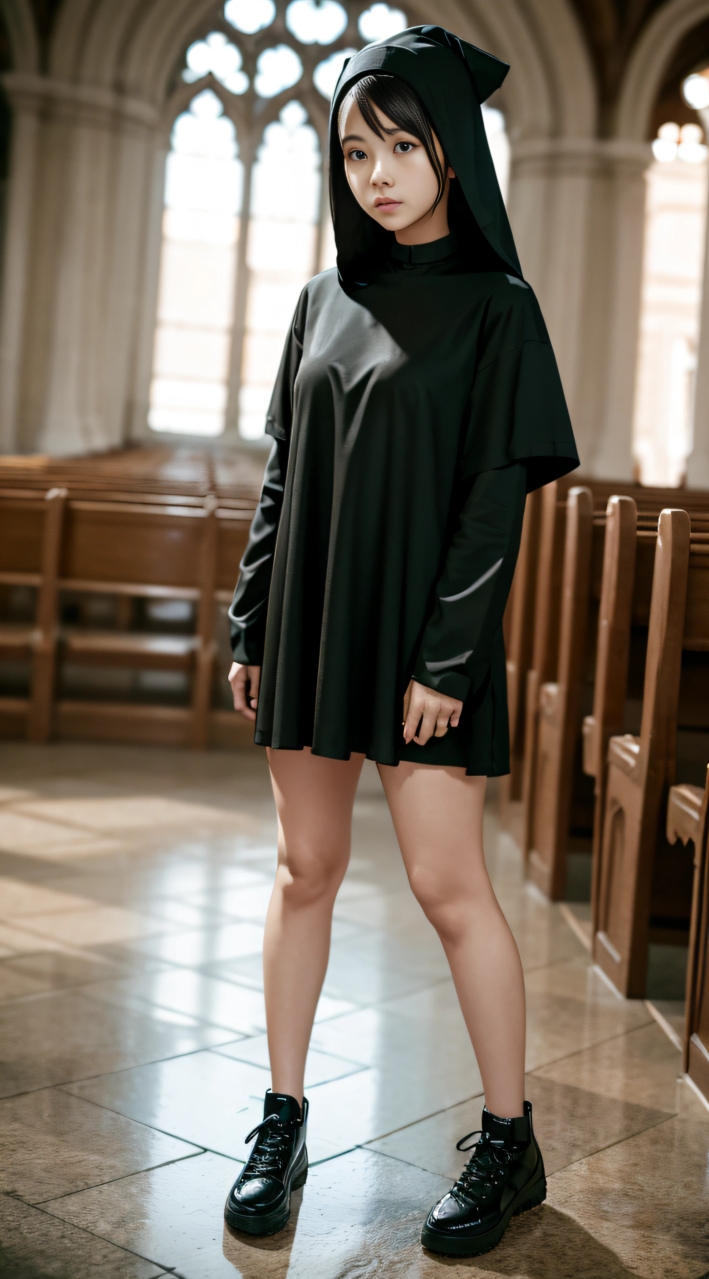 Clothes and skin are soaked all over，（wetclothes：1.9）（（（The nuns in the church wore the nuns' short gowns and nun hats and high-top black shoes））），（（Clothing that exposes））Clothes and skin are soaked all over，Glowing skin，Sweaty skin，Works of masters，Best image quality，Higher quality，high detal，超高分辨率，8K分辨率，perfect hand，full body shot shot，Exquisite facial features，s the perfect face，（真实感：1.4），fully body photo，The Tyndall effect beam hits people，