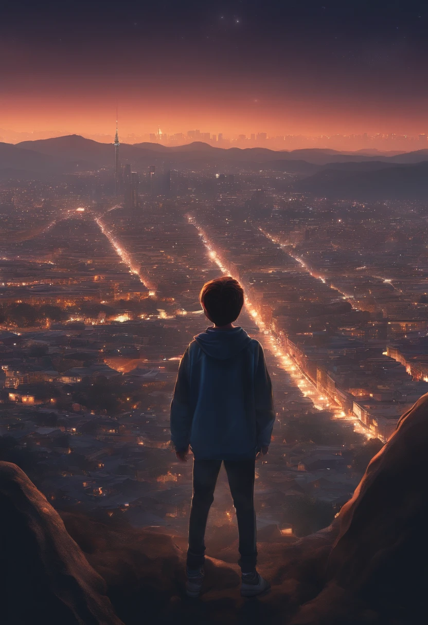 masterpiece, best quality, high quality, 1boy, solo, male focus, looking in distance, denji, crying, night sky, city, pochita, dead, sadness, comet, retro