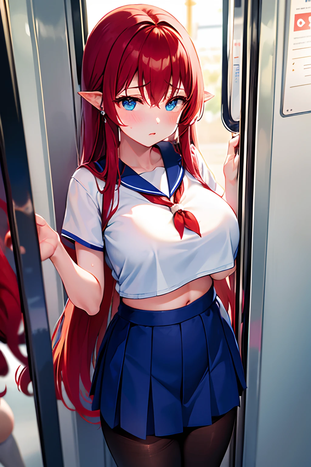 Reflection of the rising sun、On the train　is standing　Turning around、full of sweat、School gym clothes　white colors、cyan colors　buruma、Black lace　pantyhose、Navel Ejection、 Red-haired　Wave Long Hair　Twin-tailed、Colossal tits　Whip whip、sapphire earrings、Blue eyes、embarassed face、gargantuan butt