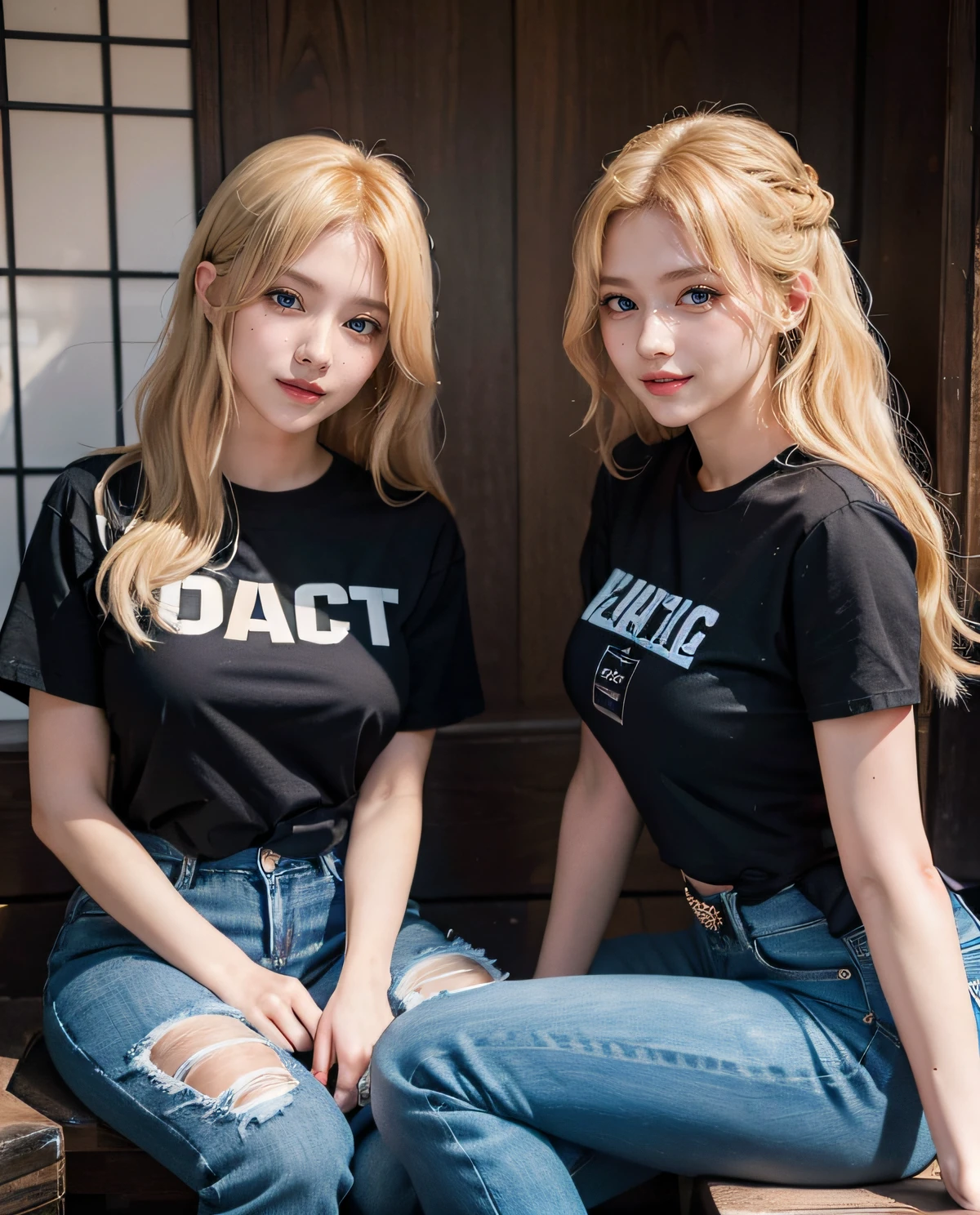 2girl, ( Twins), Blue eyes, (smiling), (Sana Minatozaki), wide hips, Big Boobs, big ass, (Best Quality, 8k, Masterpiece: 1.3), perfect hands, Clear Focus: 1.2, Perfect Body Beauty: 1.4 , Slender Abs: 1.2, Highly detailed face and skin texture, detailed eyes, double eyelids, (blonde long hair), (black t-shirt :1.2), (jeans :1.2), (sitting with his twin sister :1.4), in a traditional Japanese restaurant, deep on field