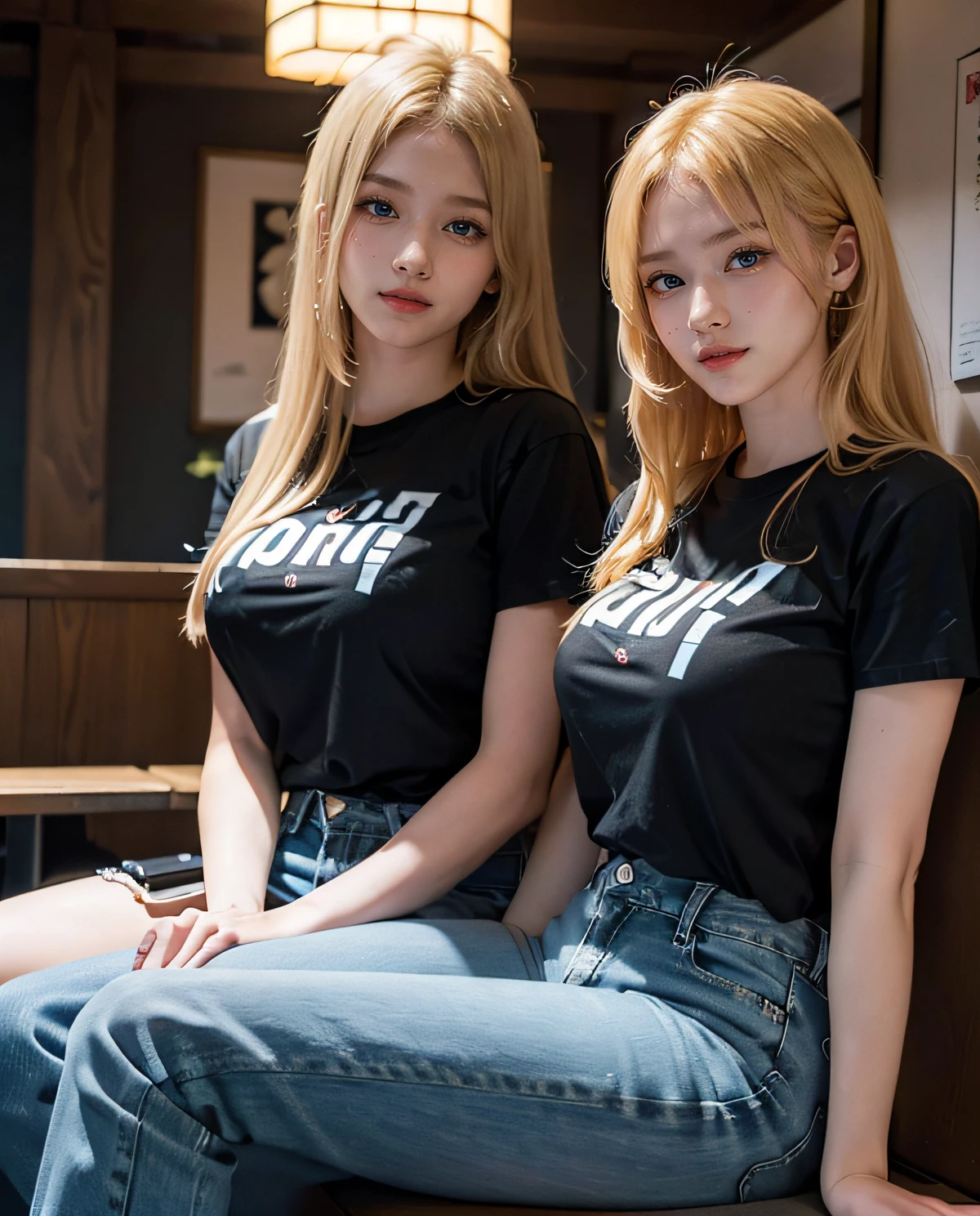 2girl, ( Twins), Blue eyes, (smiling), (Sana Minatozaki), wide hips, Big Boobs, big ass, (Best Quality, 8k, Masterpiece: 1.3), perfect hands, Clear Focus: 1.2, Perfect Body Beauty: 1.4 , Slender Abs: 1.2, Highly detailed face and skin texture, detailed eyes, double eyelids, (blonde long hair), (black t-shirt :1.2), (jeans :1.2), (sitting with his twin sister :1.4), in a traditional Japanese restaurant, deep on field