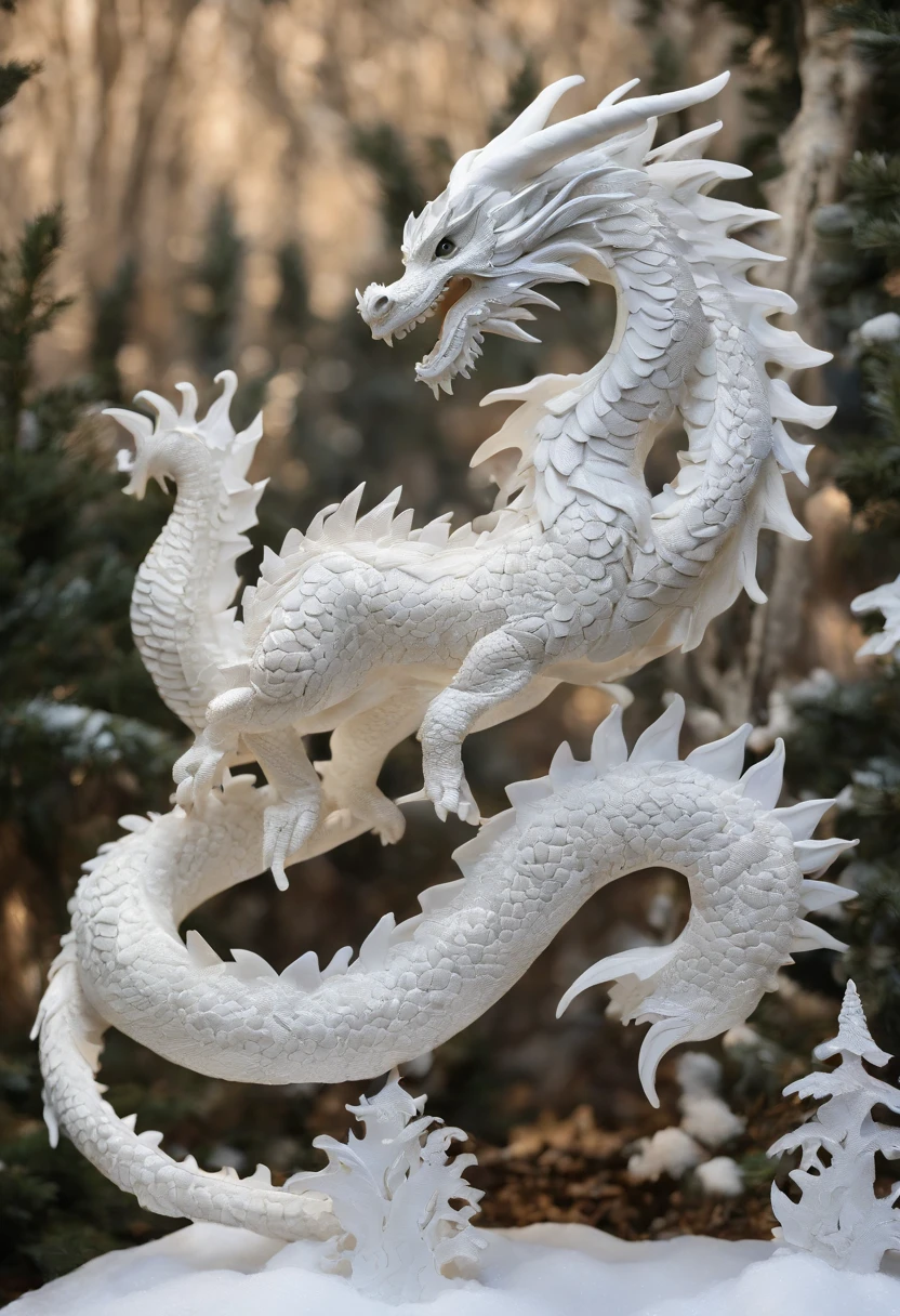 The dragon sleeps in the snow, enrolado em um kolachik, deitado de barriga para baixo, The head lies in the snow, em um monte nevado.