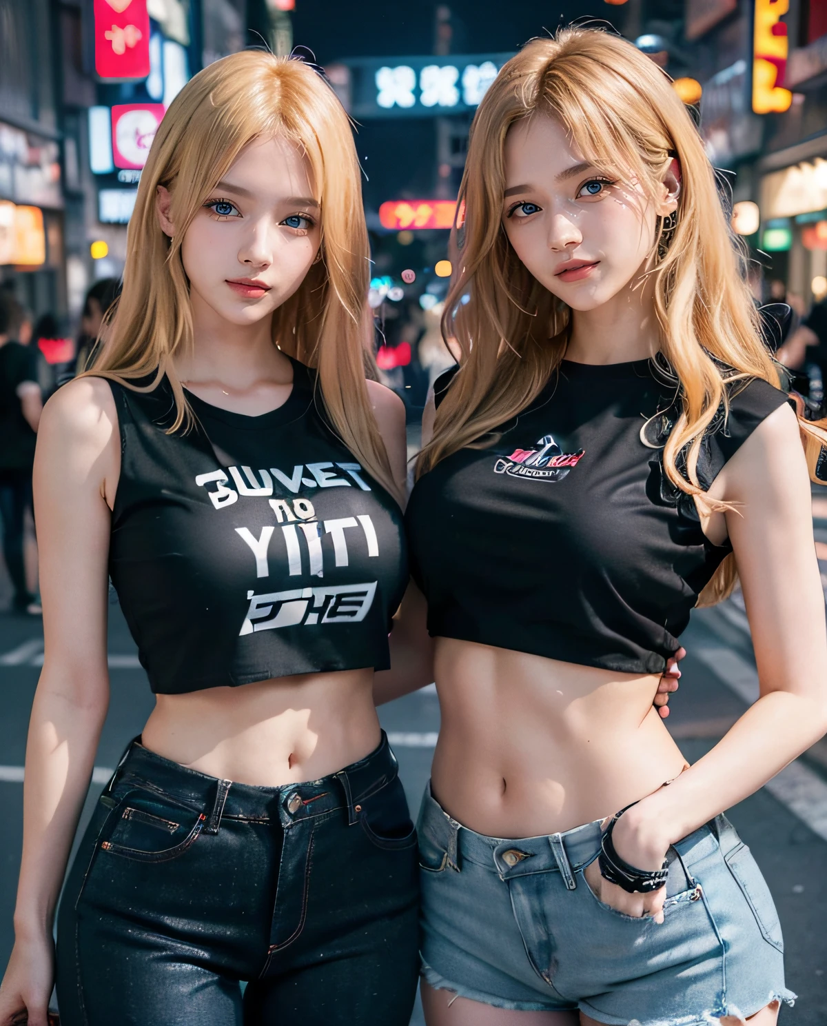 2girl, ( Twins), Blue eyes, (smiling), (Sana Minatozaki), wide hips, Big Boobs, big ass, (Best Quality, 8k, Masterpiece: 1.3), perfect hands, Clear Focus: 1.2, Perfect Body Beauty: 1.4 , Slender Abs: 1.2, Highly detailed face and skin texture, detailed eyes, double eyelids, (blonde long hair), (black sleeveless t-shirt :1.2), (jeans :1.2), standing, dynamic pose, (with his twin sister), in the city of Tokyo illuminated by neon signs, deep on field