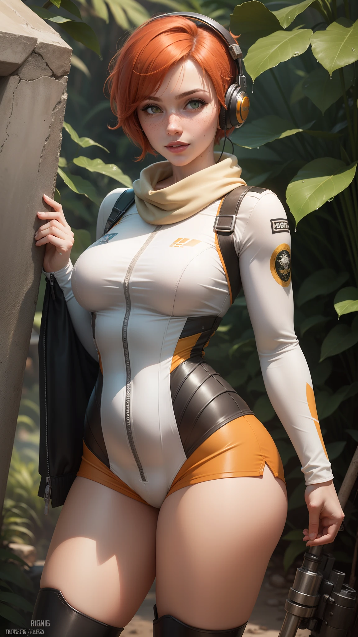 gwen tennyson,tracer,chun-li,rebecca chambers,tomb raider,overwatch,1girl, close up,mecha pilot,mayan jungle,red and white plugsuit,hair pin,pirate corset,white long sleeve lycra top,silver lycra micro shorts,short hair,cute makeup,green eyes,orange and gold hair,shy smile,freckles,redhead,beautiful girl,large breasts,ultra detailed,realistic, fantasy art,military uniform,spy uniform, pilot scarf,pilot jacket,helicopter,wet shirt,thigh high boots,gaming headset,