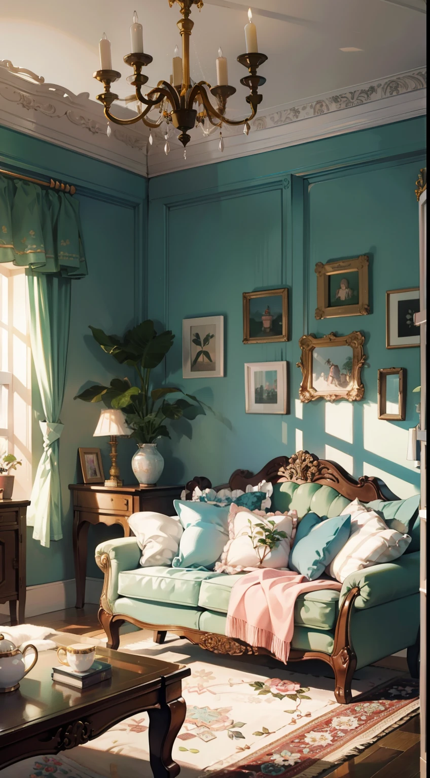 girl's room, French window, sofa, tea table,pastel colors, stuffed animals, houseplants,modern room