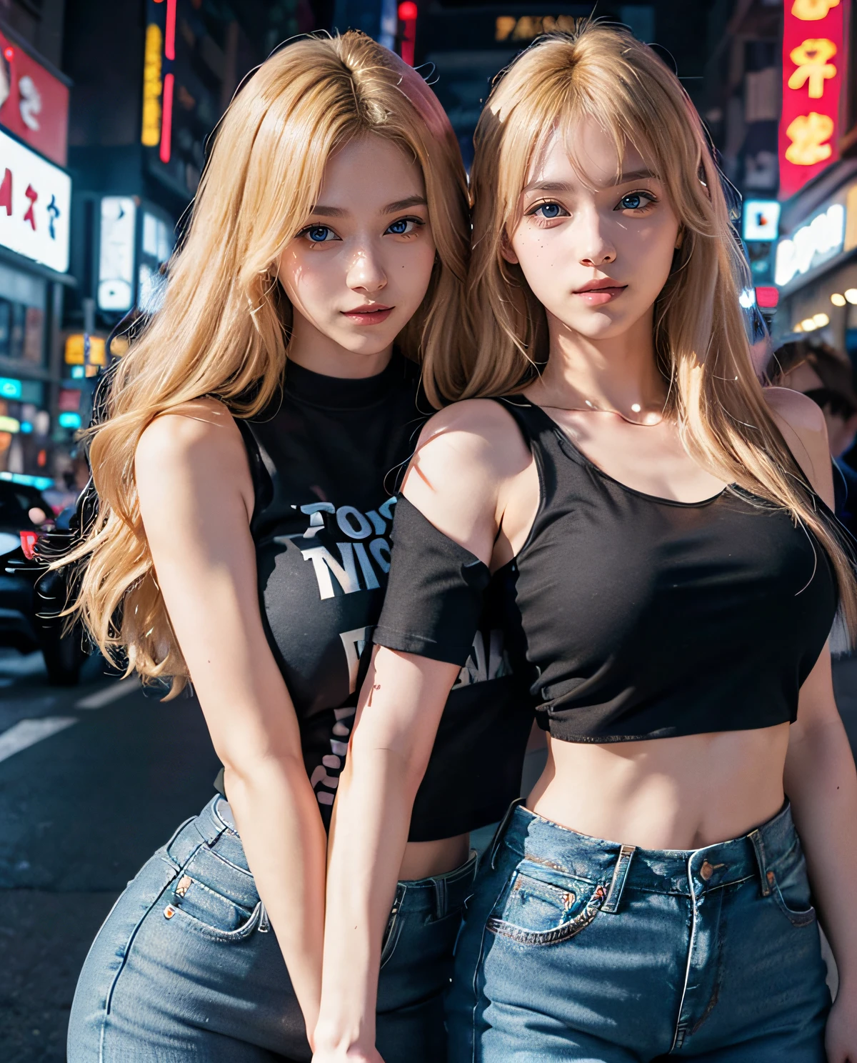 2girl, ( Twins), Blue eyes, (smiling), (Sana Minatozaki), wide hips, Big Boobs, big ass, (Best Quality, 8k, Masterpiece: 1.3), perfect hands, Clear Focus: 1.2, Perfect Body Beauty: 1.4 , Slender Abs: 1.2, Highly detailed face and skin texture, detailed eyes, double eyelids, (blonde long hair), (black sleeveless t-shirt :1.2), (jeans :1.2), standing, dynamic pose, (cuddling with her twin sister), in the city of Tokyo illuminated by neon signs, deep on field