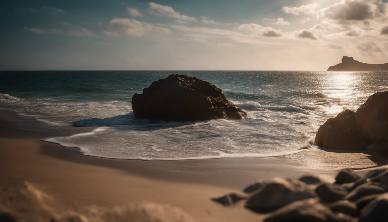 Animate the sparkling beach, the large amount of clouds moving quickly above it, and the beach next to the cliff with strong sunlight as if it were a real photo