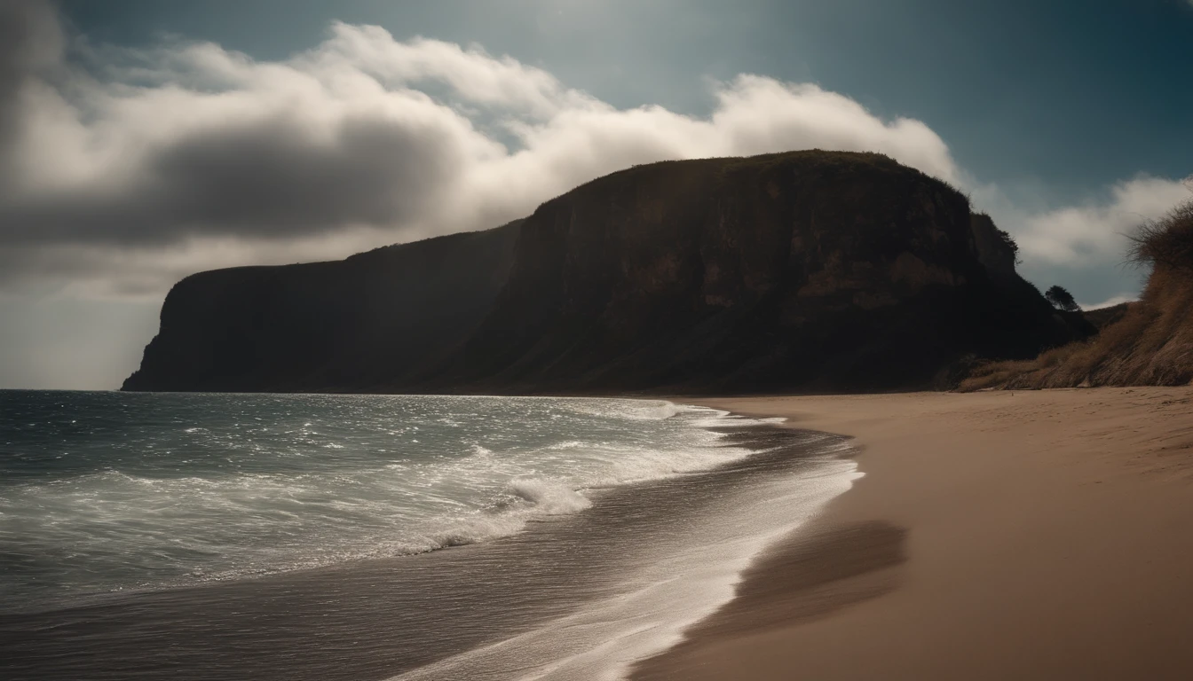 Animate the sparkling beach, the large amount of clouds moving quickly above it, and the beach next to the cliff with strong sunlight as if it were a real photo