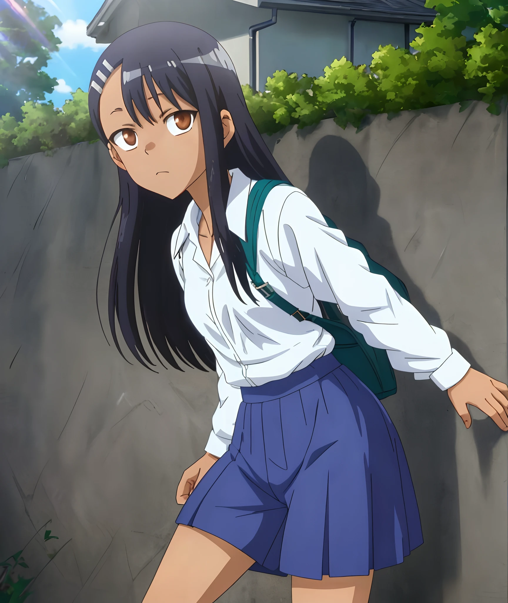 [Hayase Nagatoro], [Don't toy with me, nagatoro], ((masterpiece)), ((HD)), ((high quality)), ((solo portrait)), ((front view)), ((anime)), ((detailed shading)), ((beautiful render art)), ((cinematic lighting)), ((intricate details)), [nagatoro hayase, hair ornament, brown eyes, hairclip ,dark skin, black hair,], {(slim body), (beautiful defined legs), (gorgeous hips), (expressionless)}, {(white button-up shorts), (blue skirt)}, {(leaning on wall), (looking ahead)}, [Background; (school yard), (trees), (blue sky), (sun rays)]