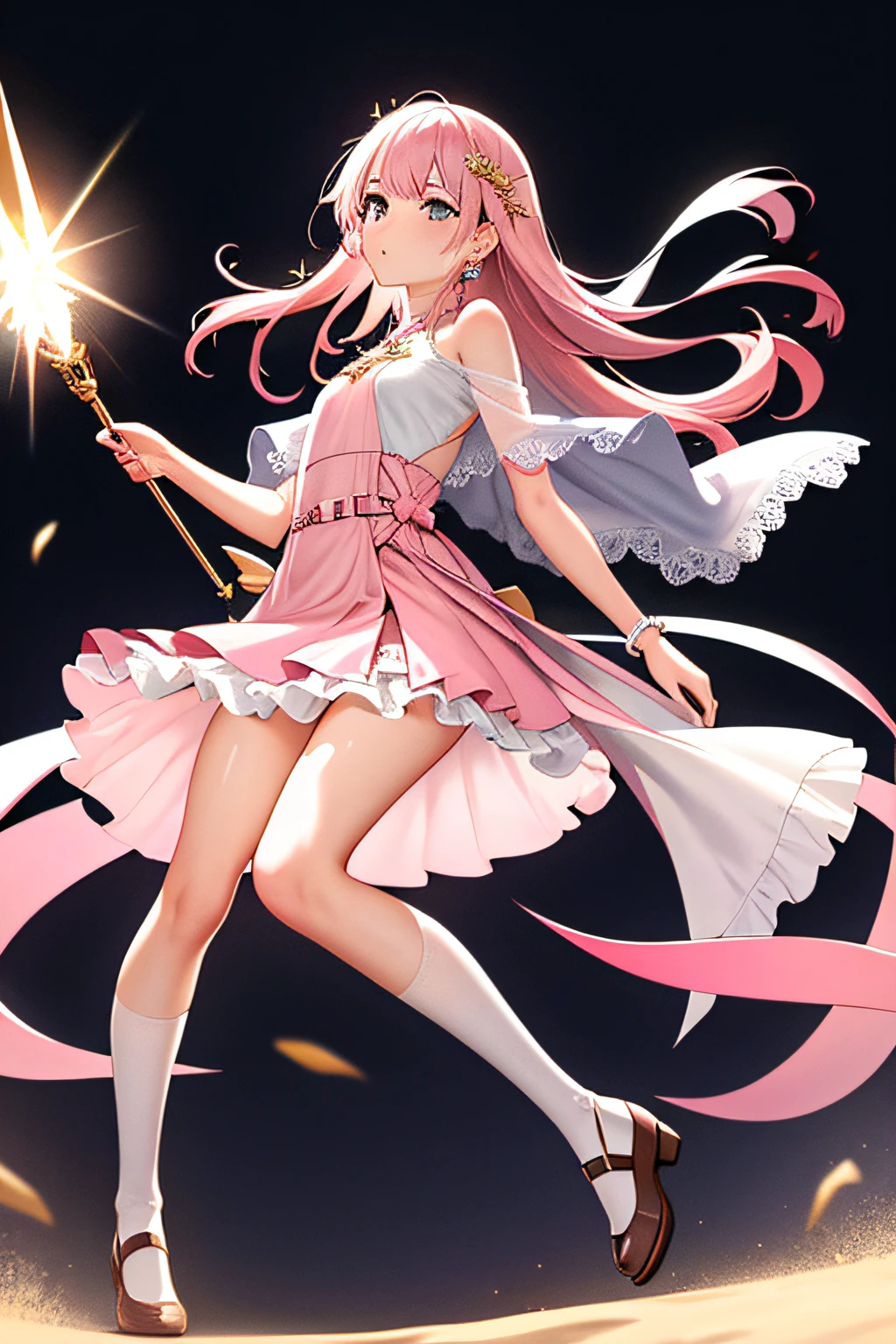 A 17-year-old girl, Super long, Flowing black hair. • Soft facial features,There was a hint of mystery and confusion in his eyes。。。。。. Wearing a (Light pink:1.3) and light white dresses, Blend subtle gold or silver details. The dress combines elements of a pleated skirt and a flat skirt: The central part of the dress is flat, Although there are slight folds on the sides. She has ((Light pink:1.3) Mary Jane shoes) collocation (White lace-trimmed socks)). Slightly tightened puff sleeves,This reflects her calm and reserved nature. A simple belt is tied around the waist, Holding a few small magic weapons in his hand. (semi transparent, tulle shawl:1.3) Simple star-shaped earrings. Her medieval dress was embroidered with magic symbols or runes. • Despite her magic, Her overall appearance exudes a sense of understated elegance and gentleness.