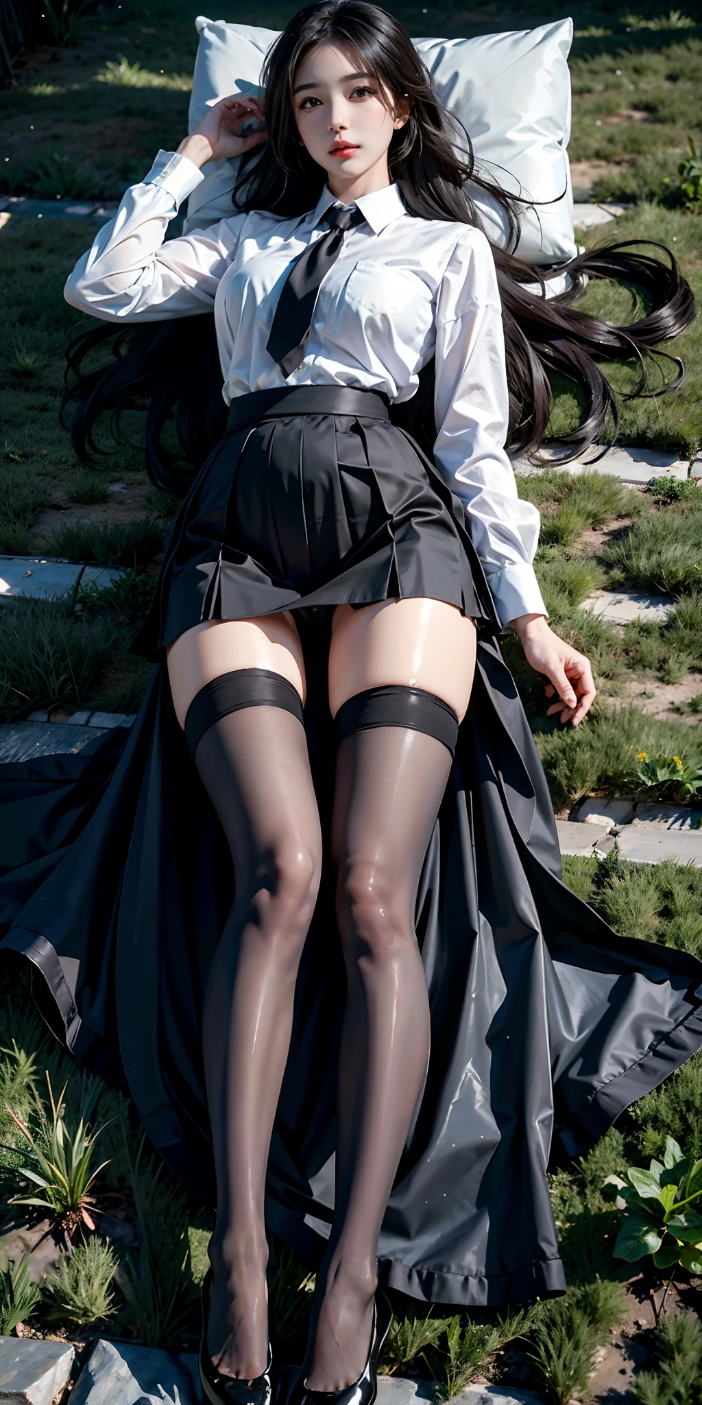 Photorealistic, high resolution, Soft light,1womanl, Solo, Hips up, view the viewer, (Detailed face), Long hair, lying on the grass ground, look from down, Show panties, See panties, secretary_uniform, Black skirt, Pantyhose, tattoo, jewelry