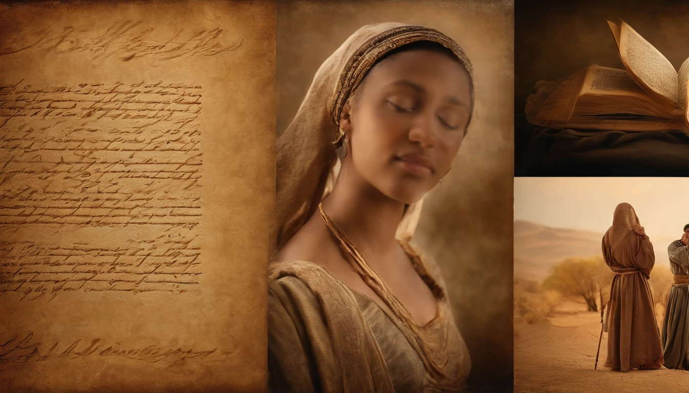 Manuscripts of Ancient Israel, Hebrew,  papyrus,Weathered parchment,Old gowns,,History reference,High-quality artwork and details,Realistic portrait style,Subtle color palette,vibrant background,natural textures,Deep Shadows,Subtle highlights,Historical accuracy,meticulous attention to detail,Emotional depth and intensity,Authentic Representation,Thought-provoking,Spiritual atmosphere,A Sense of Ancient Wisdom,Profound impact