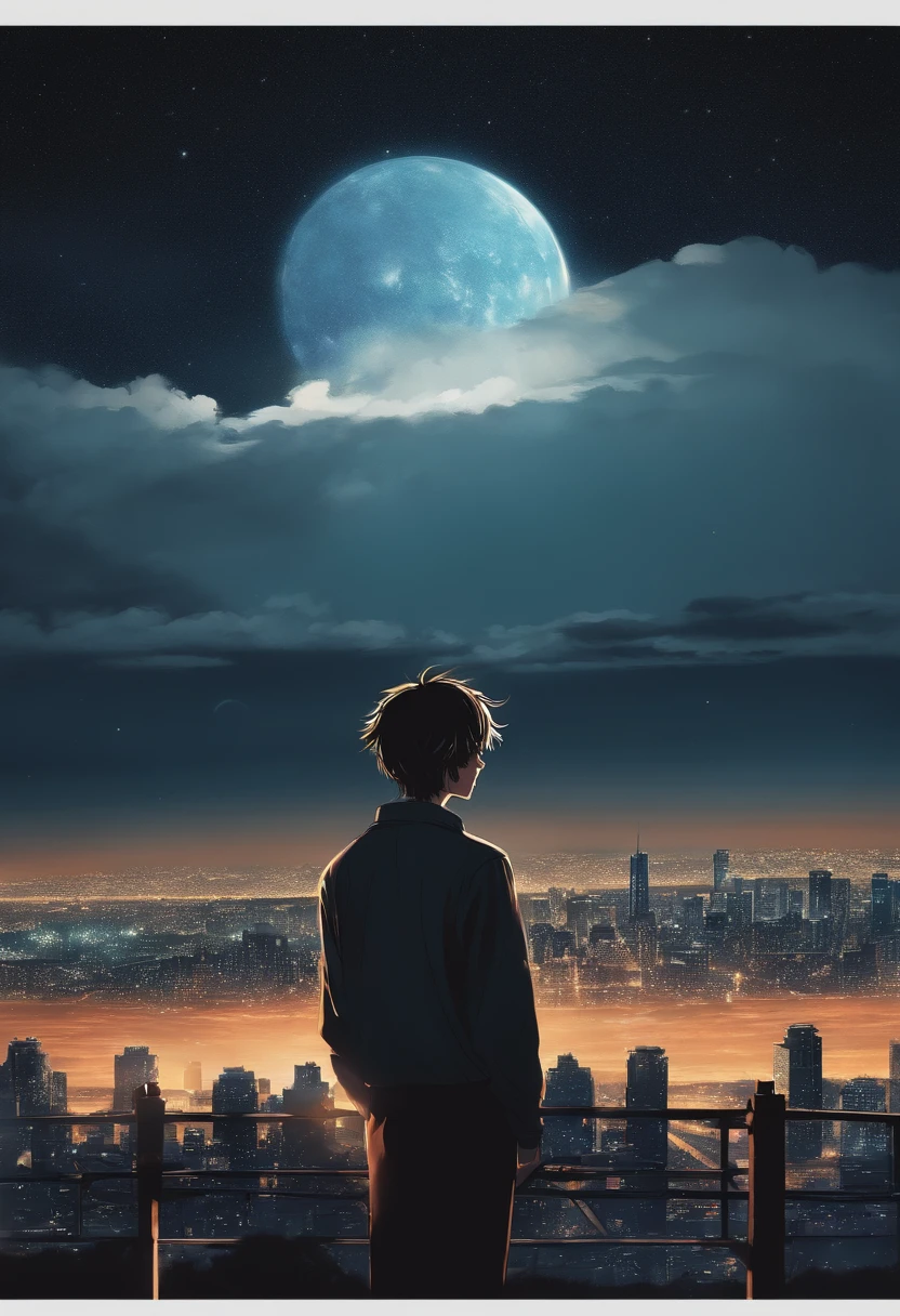 masterpiece, best quality, high quality, 1boy, male focus, looking in distance, denji, crying, night sky, city, pochita from chainsaw man, dead, sadness, comet, retro, teeth, wideshot