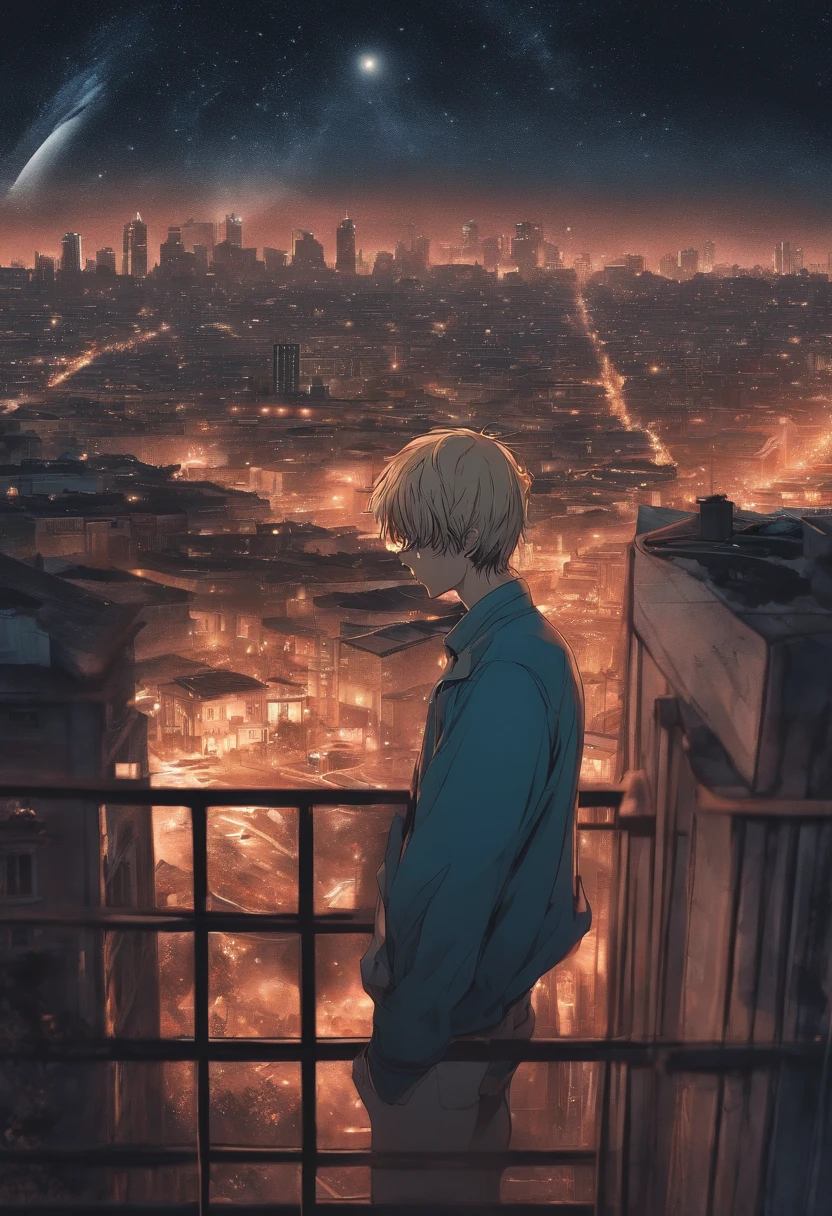 masterpiece, best quality, high quality, 1boy, male focus, looking in distance, denji, crying, night sky, city, pochita from chainsaw man, dead, sadness, comet, retro, teeth, wideshot