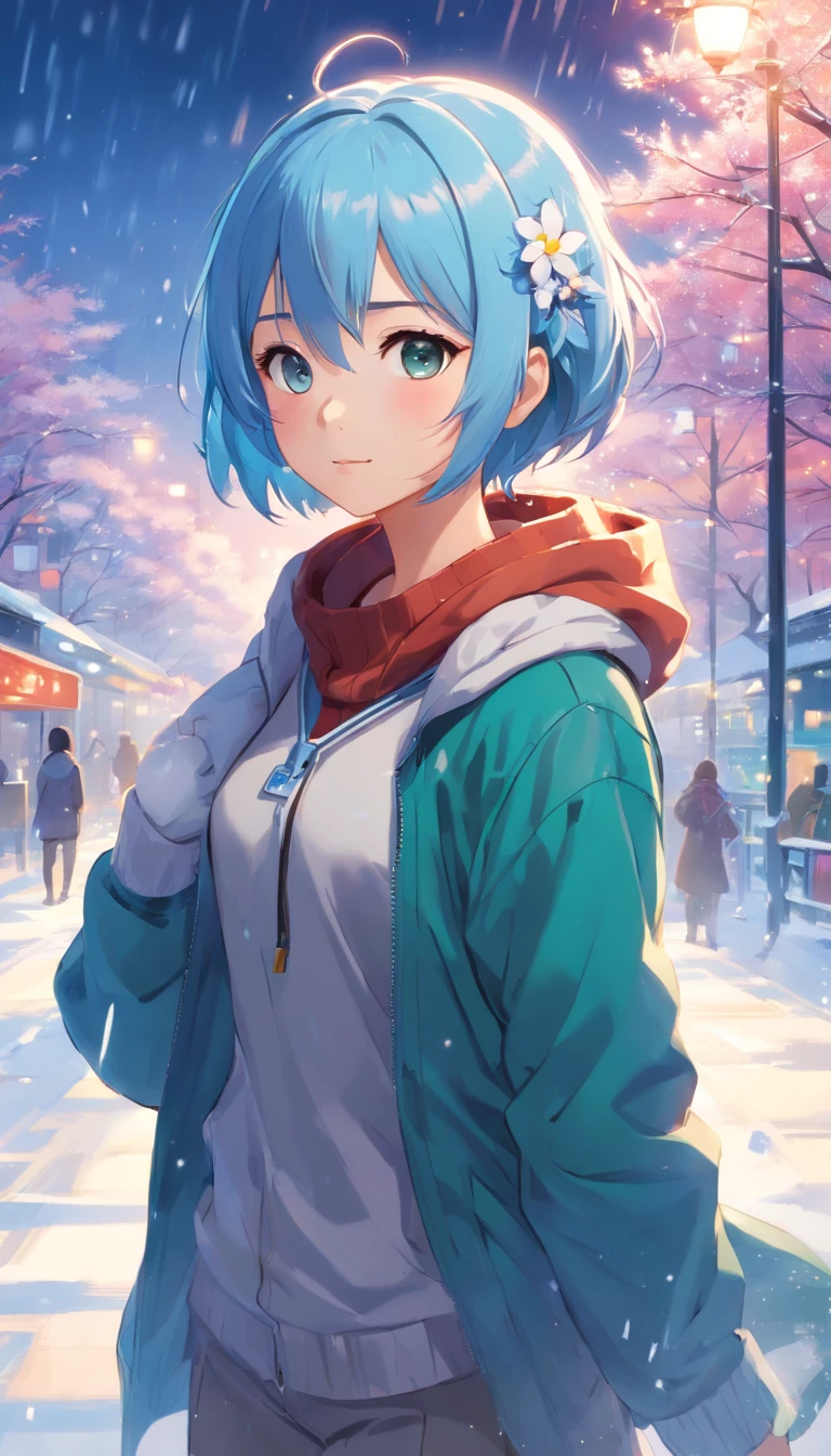 (masutepiece),full body Esbian, (Best quality), (ultra - detailed),(disheed hair),(illustration), (1girll), (Fashionable clothing), schoolgirls, Fashion model, (Simple background),Beautiful and delicate eyes,Delicate beauty,On the snow,(high saturated),(Colorful splashes),Silver Snow,(Shine),Focus on the face,lightblue hair,By bangs,Hair rings,Floating flowers,floated hair,(Shiny),The best lighting,Best shadow,
