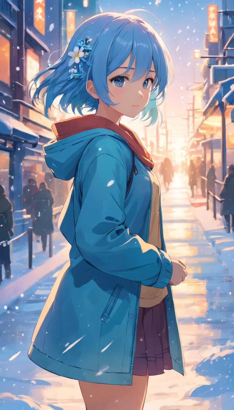 (masutepiece),full body Esbian, (Best quality), (ultra - detailed),(disheed hair),(illustration), (1girll), (Fashionable clothing), schoolgirls, Fashion model, (Simple background),Beautiful and delicate eyes,Delicate beauty,On the snow,(high saturated),(Colorful splashes),Silver Snow,(Shine),Focus on the face,lightblue hair,By bangs,Hair rings,Floating flowers,floated hair,(Shiny),The best lighting,Best shadow,