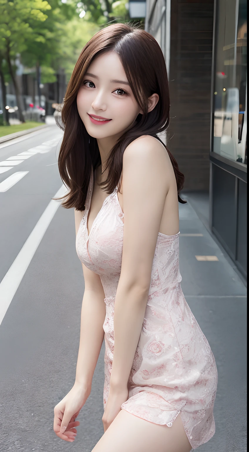 masutepiece, Best quality, illustration, Ultra-detailed, finedetail, A high resolution, 8K wallpaper, Perfect dynamic composition, Beautiful detailed eyes, summer dress,Medium hair, Big breasts, Natural color lips, Random and sexy pose,Smile,Aoyama Street Walkway、20 years girl