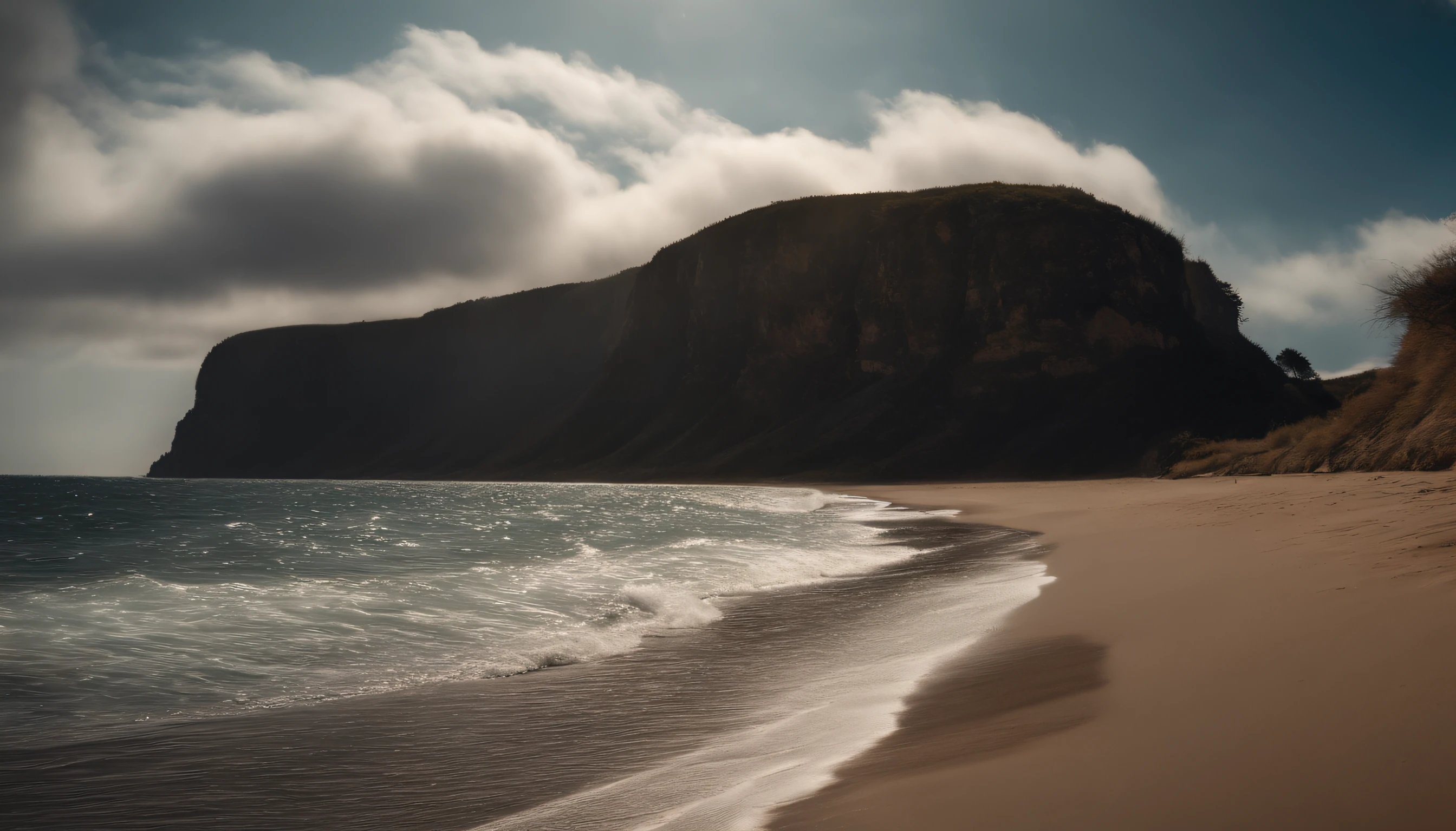 Animate the sparkling beach, the large amount of clouds moving quickly above it, and the beach next to the cliff with strong sunlight as if it were a real photo