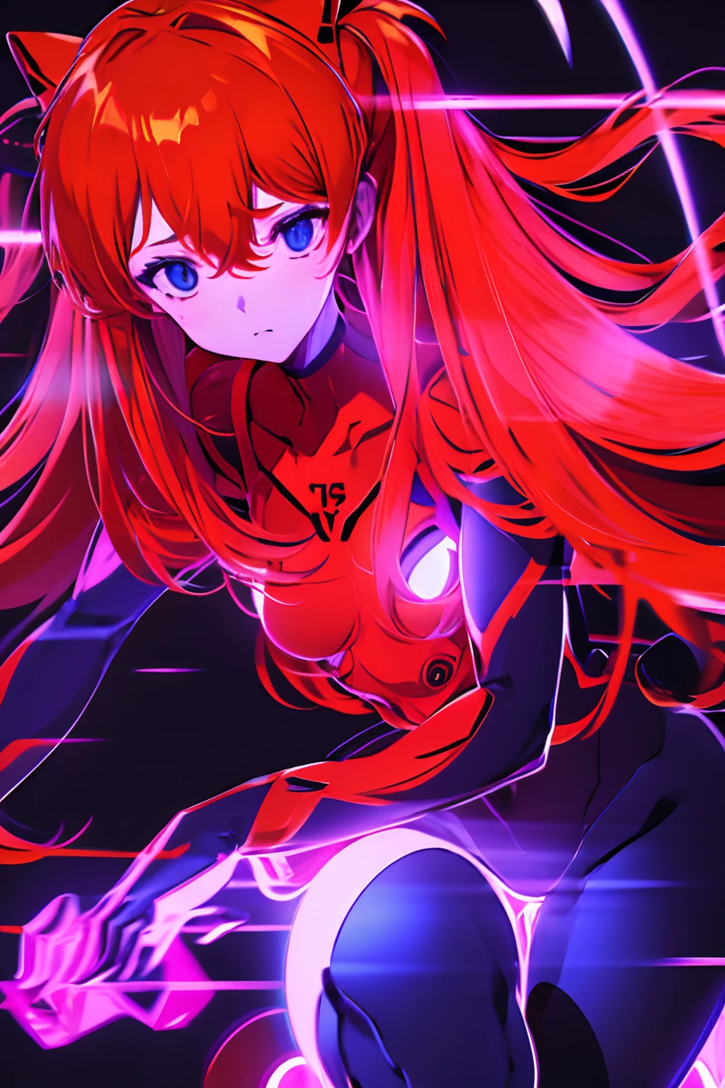 bodysuit, long sleeves, plugsuit, red bodysuit,,4k,absurdres, masterpiece, asuka langley soryu, blue eyes, hair between eyes, headgear, interface headset, orange hair, cinematic lighting,violet neon,vintage vhs glitch