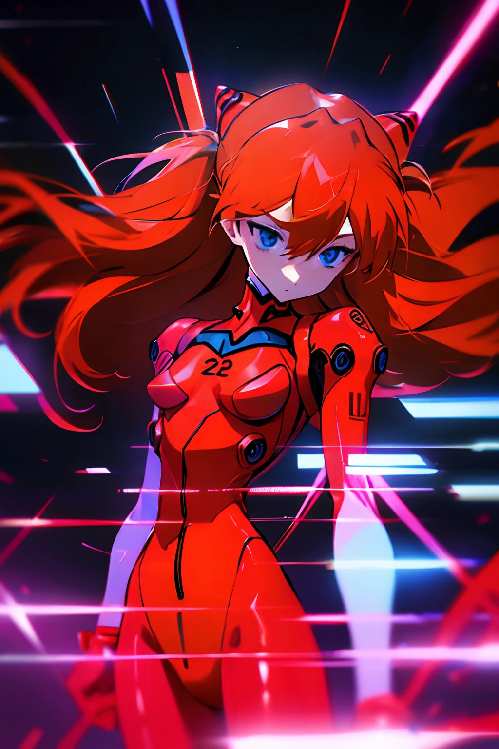 bodysuit, long sleeves, plugsuit, red bodysuit,,4k,absurdres, masterpiece, asuka langley soryu, blue eyes, hair between eyes, headgear, interface headset, orange hair, cinematic lighting,neon,vintage vhs glitch