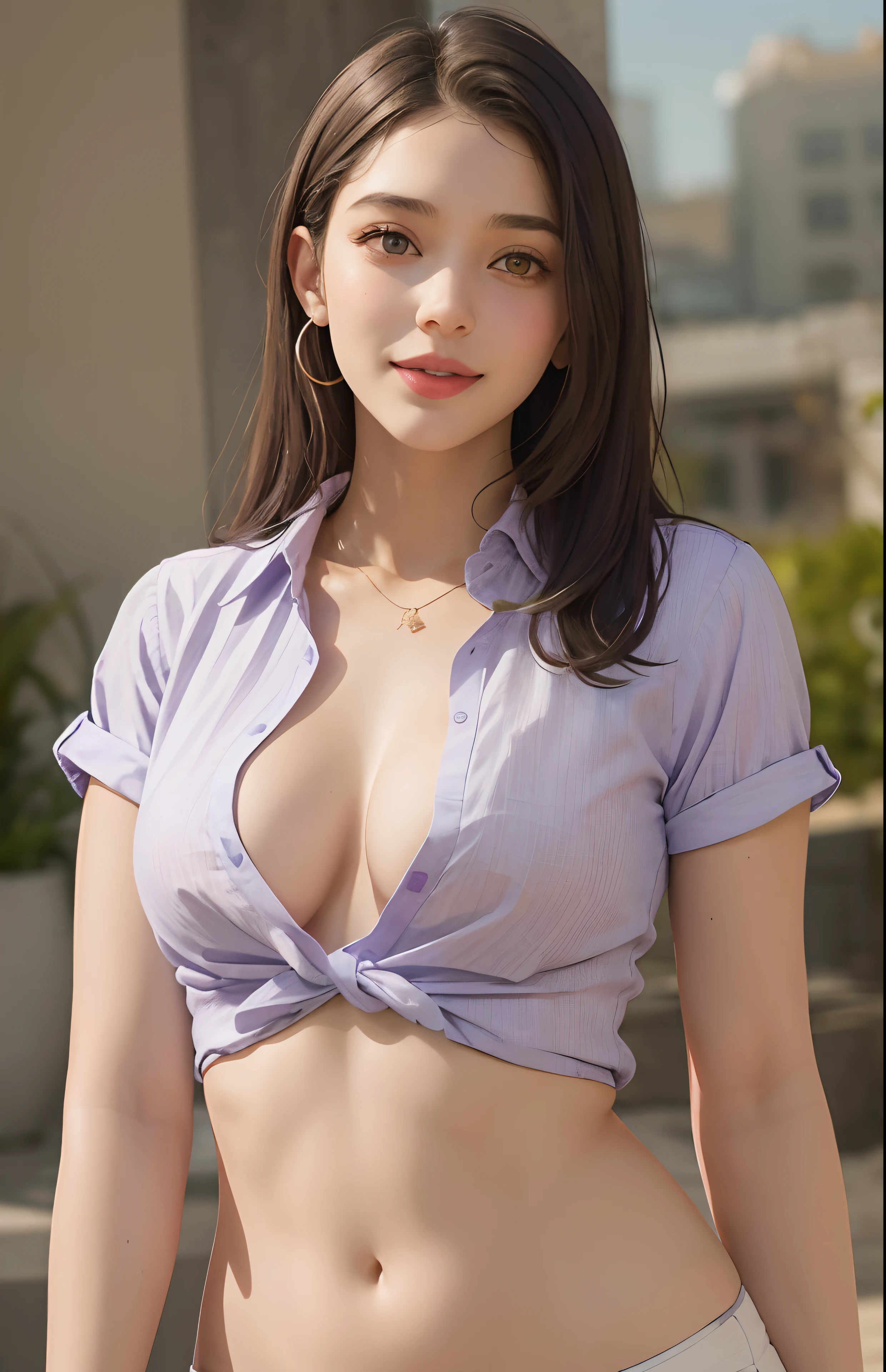 Una mujer con una camisa morada y pantalones blancos posando para una foto, seductoramente mirando al frente, Llevar en camisa, Llevar un lindo top, Camisa abierta, Chica joven y linda, Ropa reveladora, Chica de al lado mirada inocente, Linda sonrisa seductora, con camisa ajustada, buena joven, escote, Camisa ajustada, hermoso bastante joven, linda joven, purple top