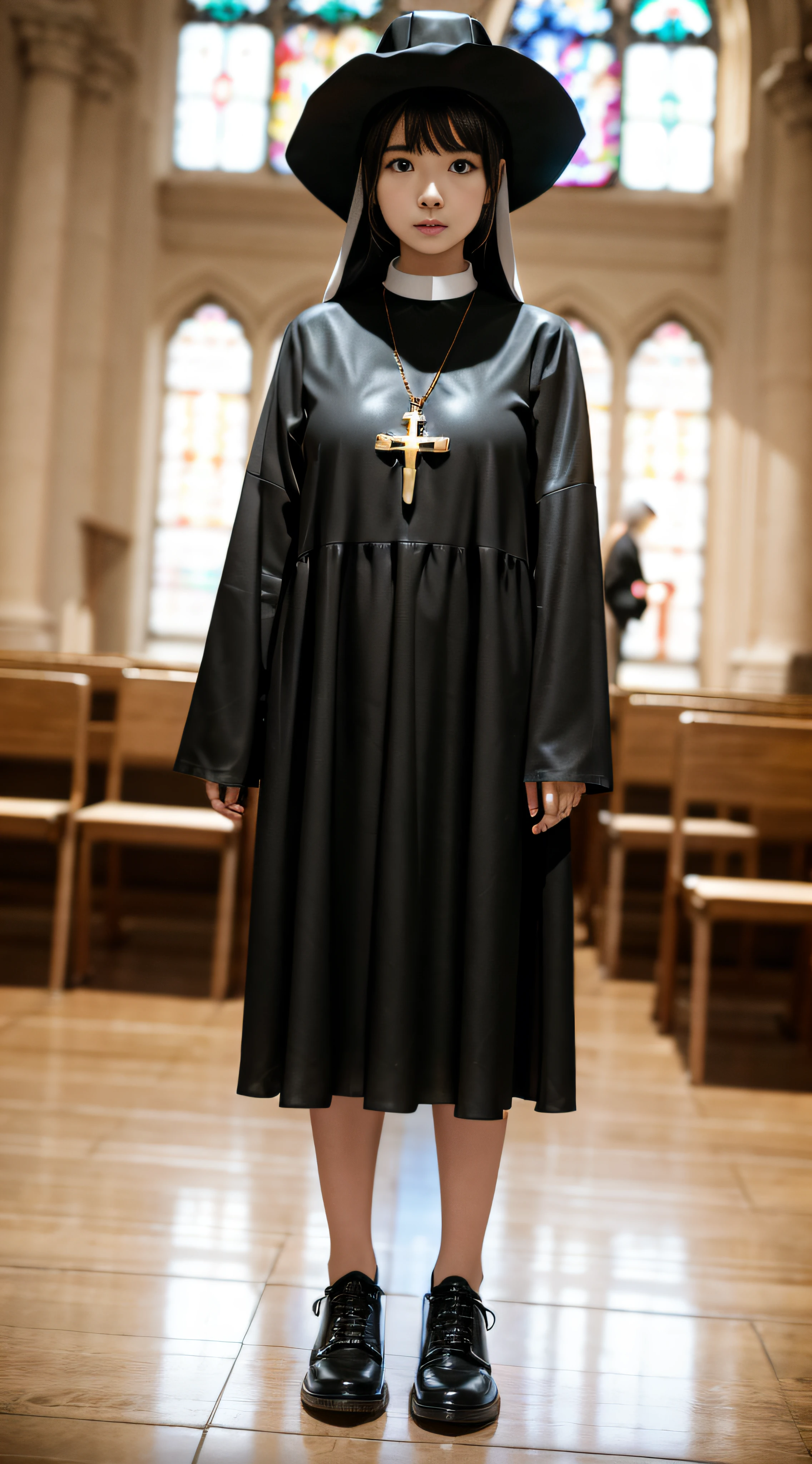 In a church full of people，（（Nuns wearing cross necklaces in churches wear nun short gowns and nun hats，High-top black leather shoes））），Clothes and skin are soaked all over，（wetclothes：1.9）（（（Clothing that exposes）），Glowing skin，Works of masters，Best image quality，Higher quality，high detal，超高分辨率，8K分辨率，perfect hand，full body shot shot，Exquisite facial features，s the perfect face，（真实感：1.4），fully body photo，The Tyndall effect beam hits people，