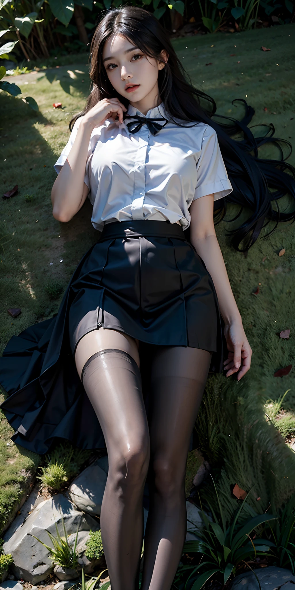 Photorealistic, high resolution, Soft light,1womanl, Solo, Hips up, view the viewer, (Detailed face), Long hair, lying on the grass ground, look from down, Show panties, See panties, secretary_uniform, Black skirt, Pantyhose, tattoo, jewelry