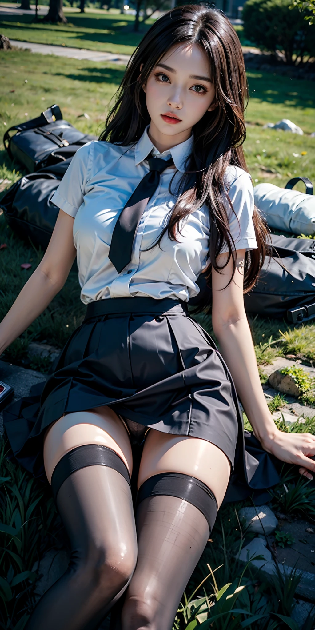 Photorealistic, high resolution, Soft light,1womanl, Solo, Hips up, view the viewer, (Detailed face), Long hair, lying on the grass ground, look from down, Show panties, See panties, secretary_uniform, Black skirt, Pantyhose, tattoo, jewelry