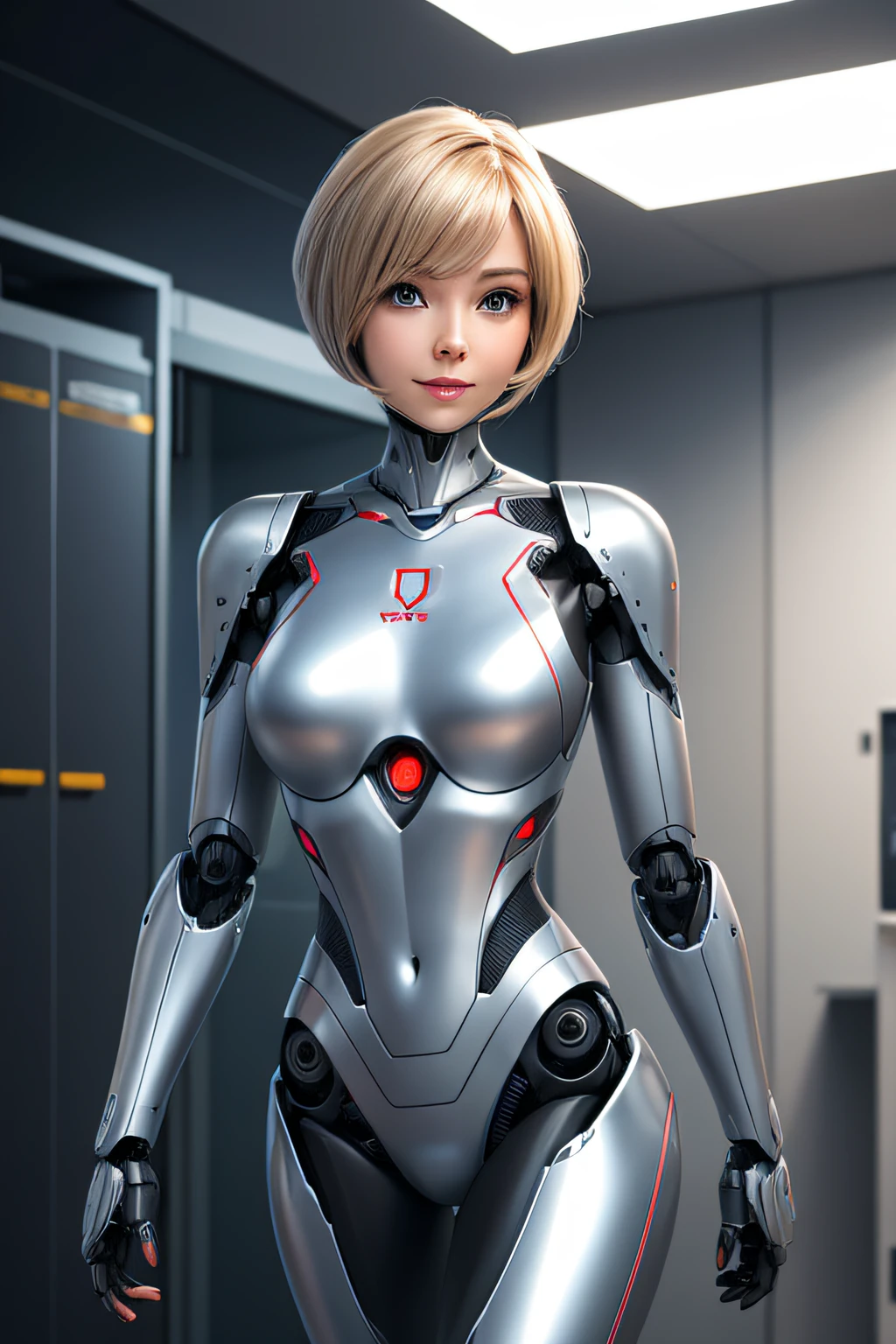 Female robot The face remains a human woman Torso is metallic Standing smiling A laboratory-like room Full body like