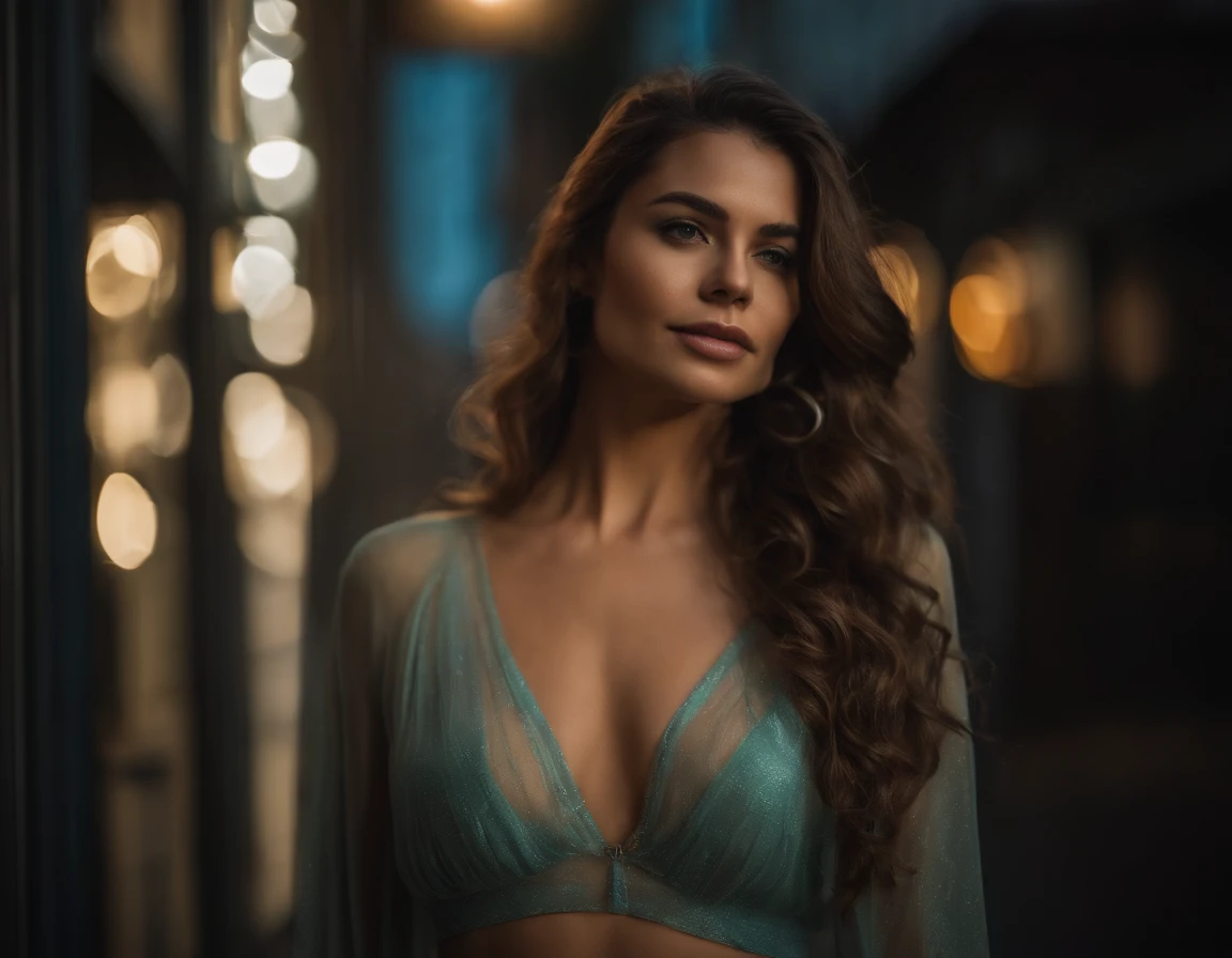 Photo of a 21-year-old ((Chica COLOMBIANA)), .RAW, beautiful woman, labios de fresa entreabiertos, Hoyuelos, mirada anhelante, (extra long wavy brown hair), ((Cara detallada)), ((Detailed facial features)), (Piel finamente detallada), Pale skin, (Escote profundo detallado vestido transparente profundo con escote en V),(hermoso pecho), ((tacones altos)), (Pose arrodillada en la calle),((Entorno de mega ciudad cyberpunk)), (cold colors), humid, humid, Reflexiones, (Obra maestra) (perfect ratio)(foto realista)(La mejor calidad) (Detallado) fotografiado con una EOS R5 de Canon, Lente de 50 mm, f/1,8, HDR, (8k) (papel tapiz) (cinematic lighting) (Dramatic lighting) (foco nítido) (intrincado),((Looking at camera)),(Disparo de vaquero), SENTADA EN SOLO BIKINI DIMINUTO(1,2), cuerpo entero.