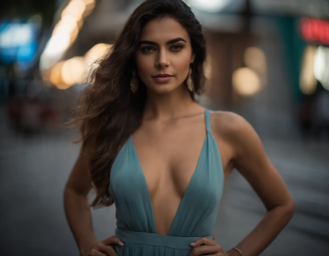 Photo of a 21-year-old ((Chica COLOMBIANA)), .RAW, beautiful woman, labios de fresa entreabiertos, Hoyuelos, mirada anhelante, (extra long wavy brown hair), ((Cara detallada)), ((Detailed facial features)), (Piel finamente detallada), Pale skin, (Escote profundo detallado vestido transparente profundo con escote en V),(hermoso pecho), ((tacones altos)), (Pose arrodillada en la calle),((Entorno de mega ciudad cyberpunk)), (cold colors), humid, humid, Reflexiones, (Obra maestra) (perfect ratio)(foto realista)(La mejor calidad) (Detallado) fotografiado con una EOS R5 de Canon, Lente de 50 mm, f/1,8, HDR, (8k) (papel tapiz) (cinematic lighting) (Dramatic lighting) (foco nítido) (intrincado),((Looking at camera)),(Disparo de vaquero), SENTADA EN SOLO BIKINI DIMINUTO(1,2), cuerpo entero.