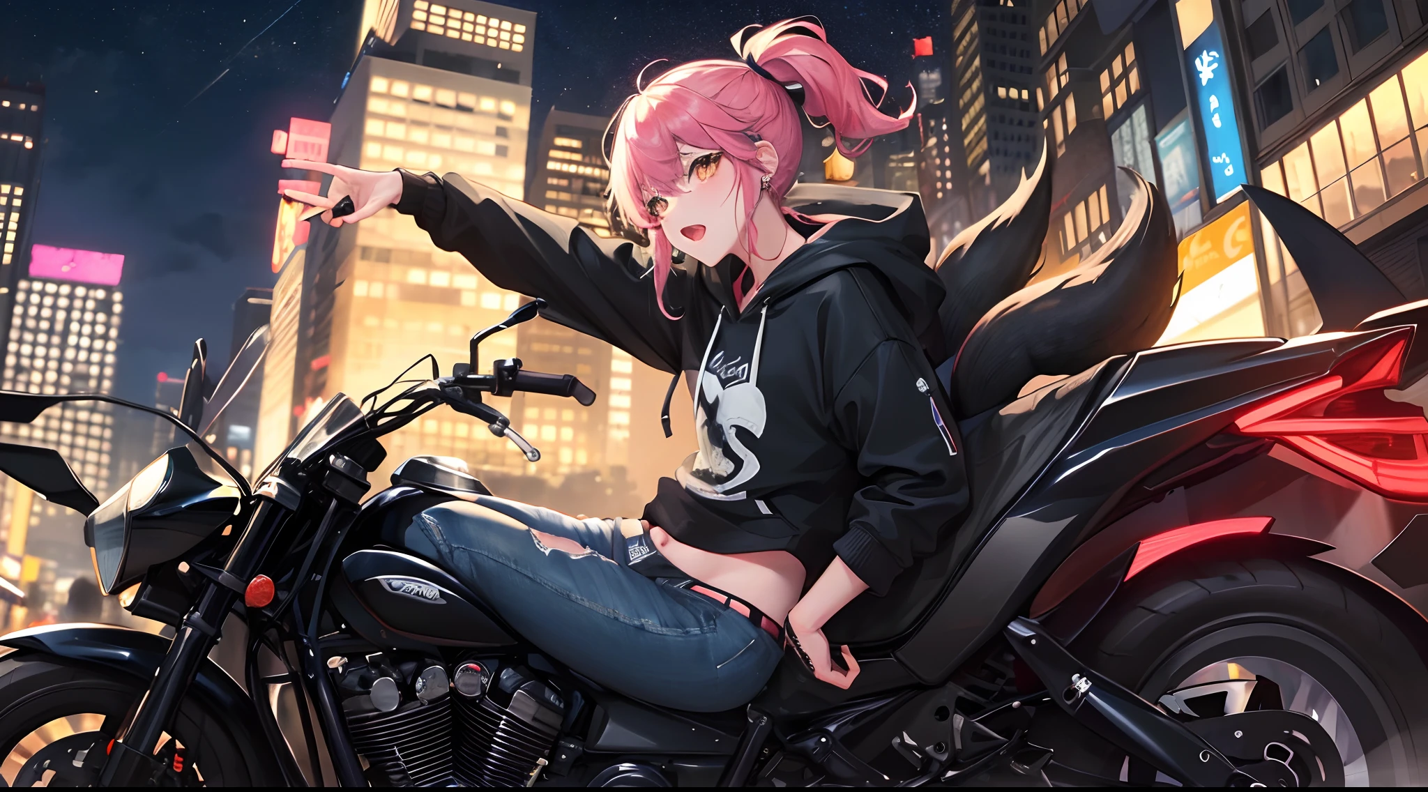 Black and blue wolf driving an all black 1000cc crotch rocket and wearing a black hoodie and dark blue jeans and a pink kitsune fox sitting on the back and wearing a black hoodie and ripped jeans during the night time in a city