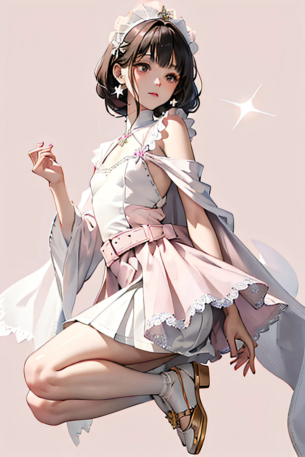 A 17-year-old girl, Super long, Flowing black hair. • Soft facial features，There was a hint of mystery and confusion in his eyes。。。。。. Wearing a (Light pink:1.3) and light white dresses, Blend subtle gold or silver details. The dress combines elements of a pleated skirt and a flat skirt: The central part of the dress is flat, Although there are slight folds on the sides. She has ((Light pink:1.3) Mary Jane shoes) collocation (White lace-trimmed socks)). Slightly tightened puff sleeves，This reflects her calm and reserved nature. A simple belt is tied around the waist, Holding a few small magic weapons in his hand. (semi transparent, tulle shawl:1.3) Simple star-shaped earrings. Her medieval dress was embroidered with magic symbols or runes. • Despite her magic, Her overall appearance exudes a sense of understated elegance and gentleness.